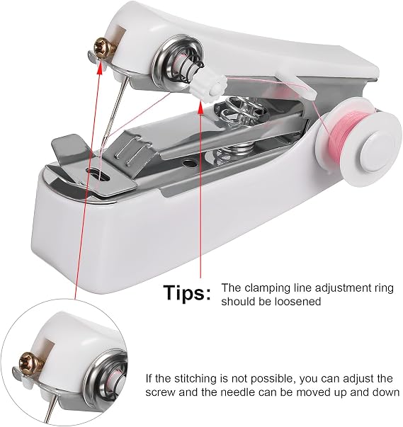 Handheld Sewing Machine Portable Mini Manual Mending Machine White Compact Sewing Tool for Home Fabric Clothes Repair and DIY Crafting Random Color