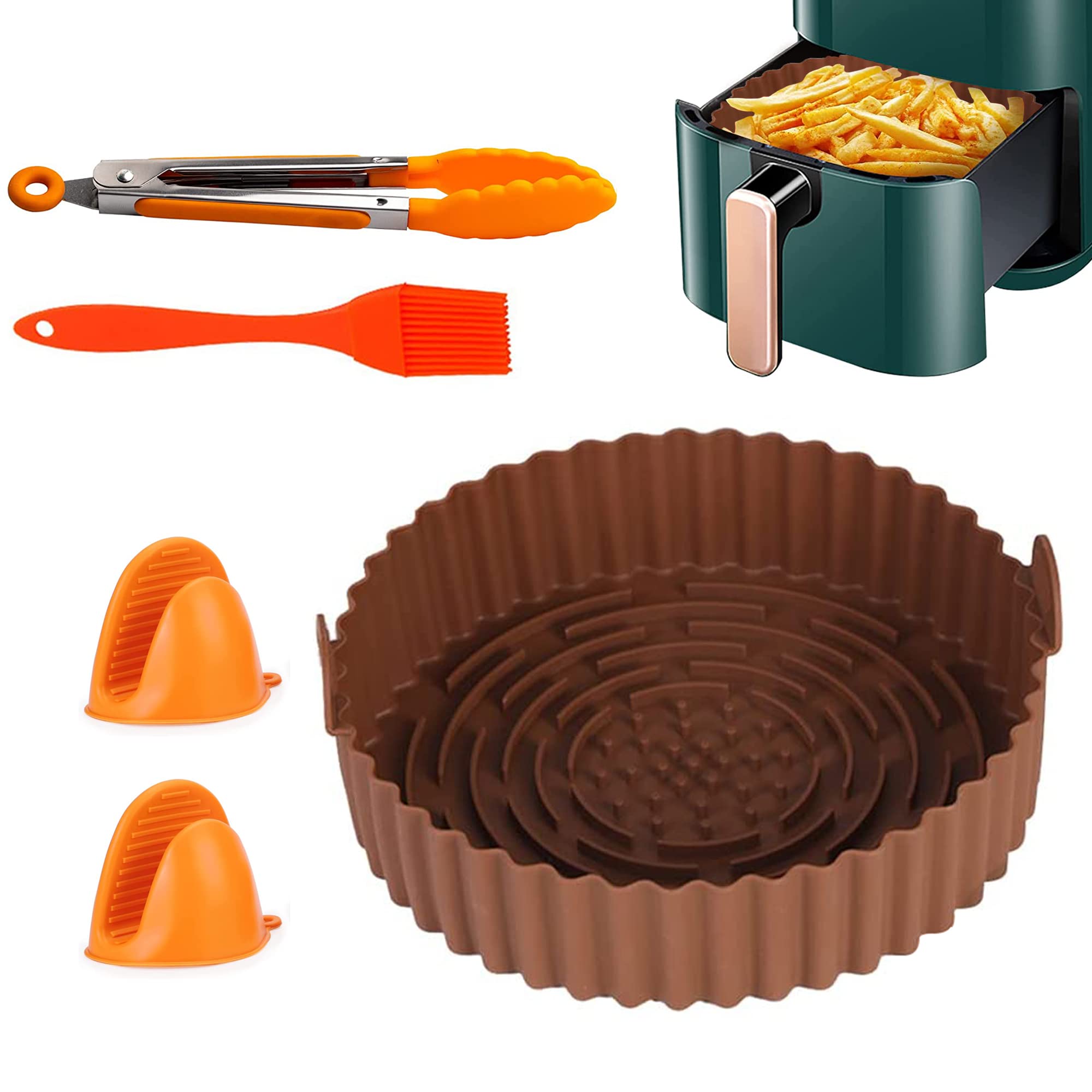 Prhavks 8 Inch Silicone Air Fryer Pot with Rubber Oven Gloves Oil Brush Food Clip Set, Reusable Round Airfryer Basket Accessories Silicone Liners Heat Resistant Food Bowl for 3 QT Air Fryers (Brown)-picture-10