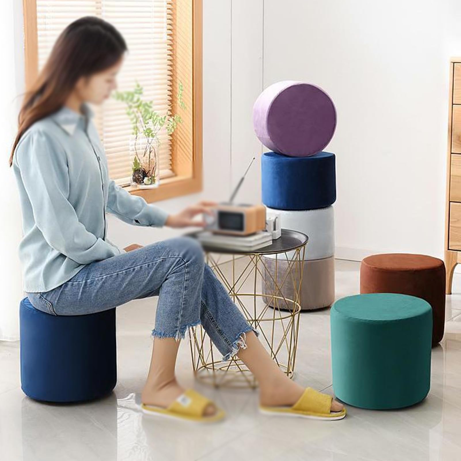 XLIHAWY Small Footstool Ottoman, Solid Wood Change Shoes Bench, Sofa Footrest Extra Seating for Living Room Bedroom, Easy to Mobile (Color : Green, Size : 11.02x11.02in)