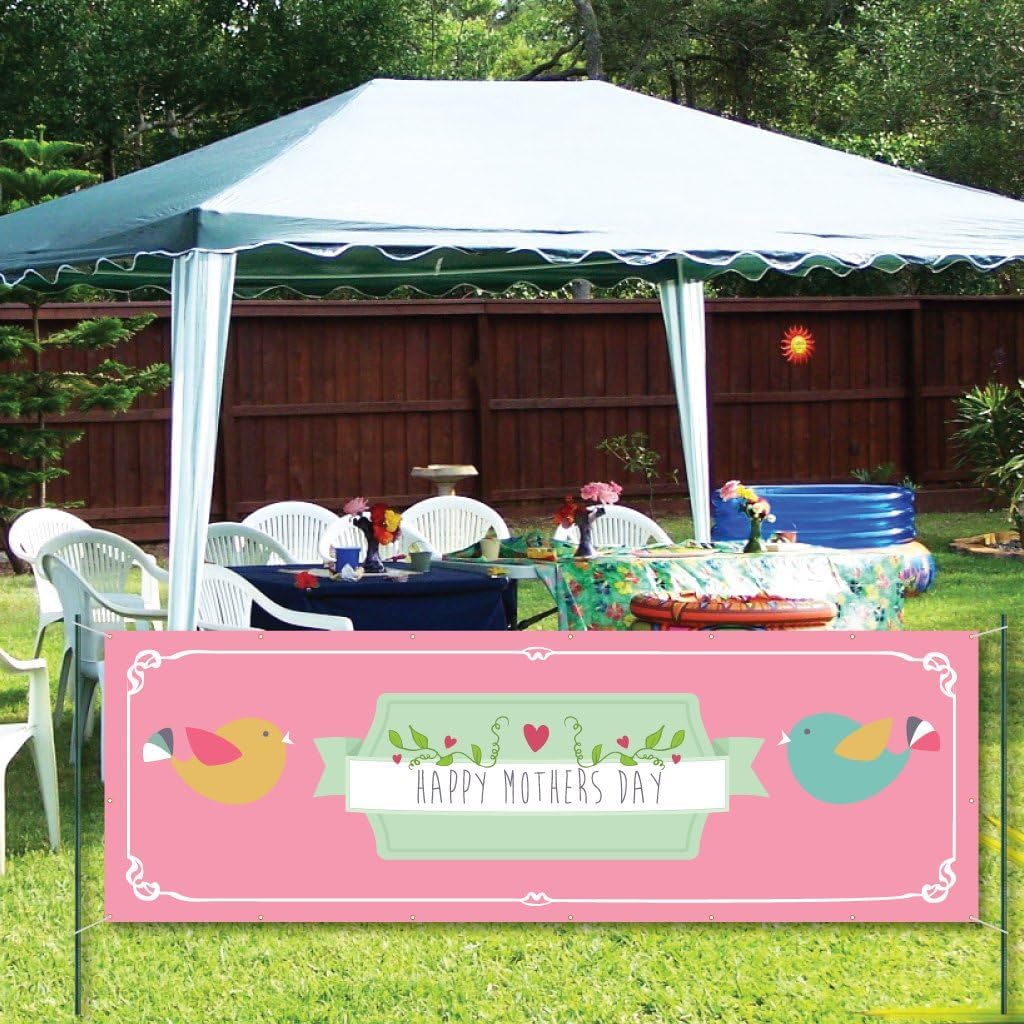 VictoryStore Party Banners - Happy Mother's Day Vinyl Banner Pink Background with Birds Design, 2 Feet By 6 Feet (5x10 Feet)