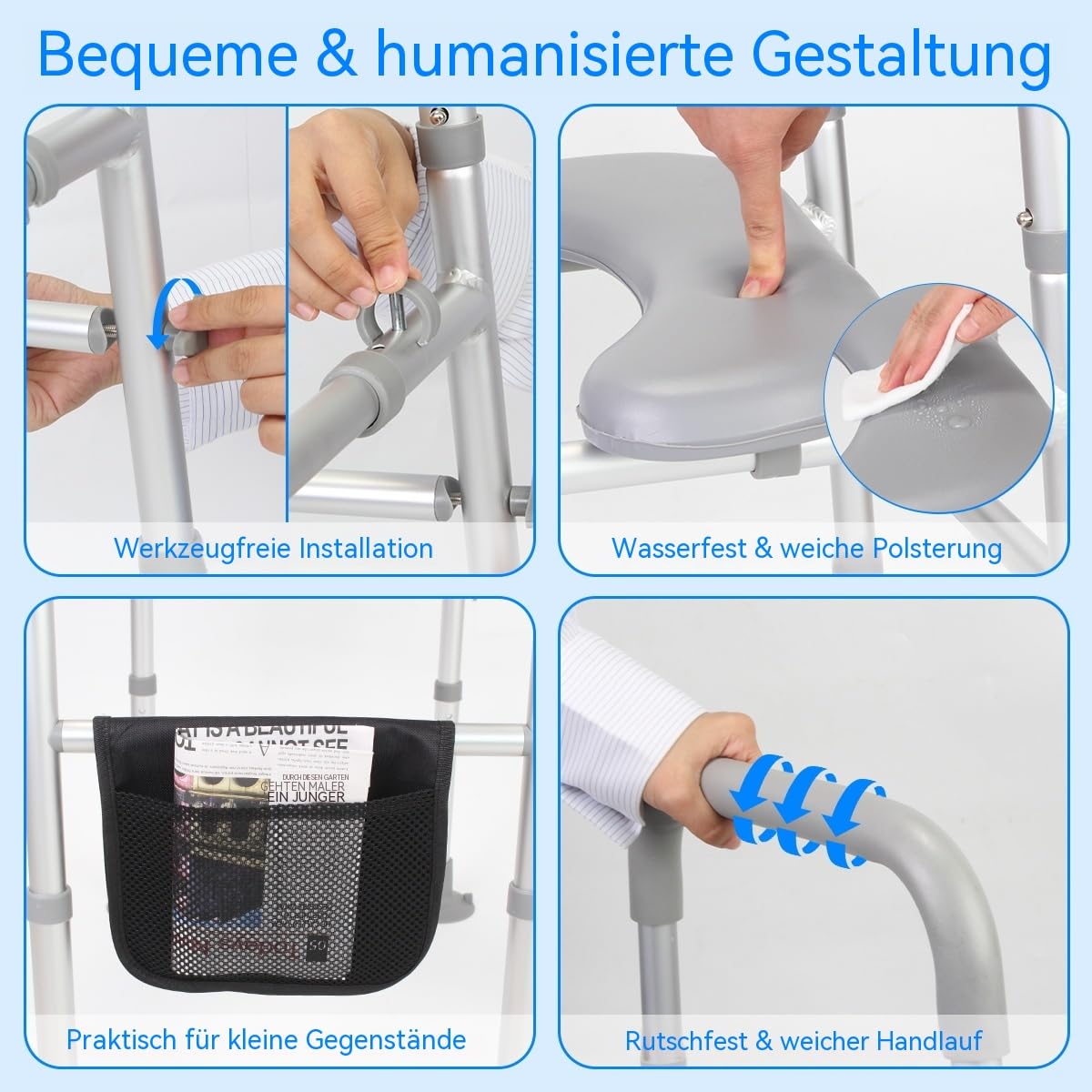 Toilettensitzerhöhung mit Armlehnen, Toilettenerhöhung Senioren 8-Stufen 68-85cm mit Rutschfeste Griffe, WC Sitzerhohung mit Griff für Senioren bis 150kg