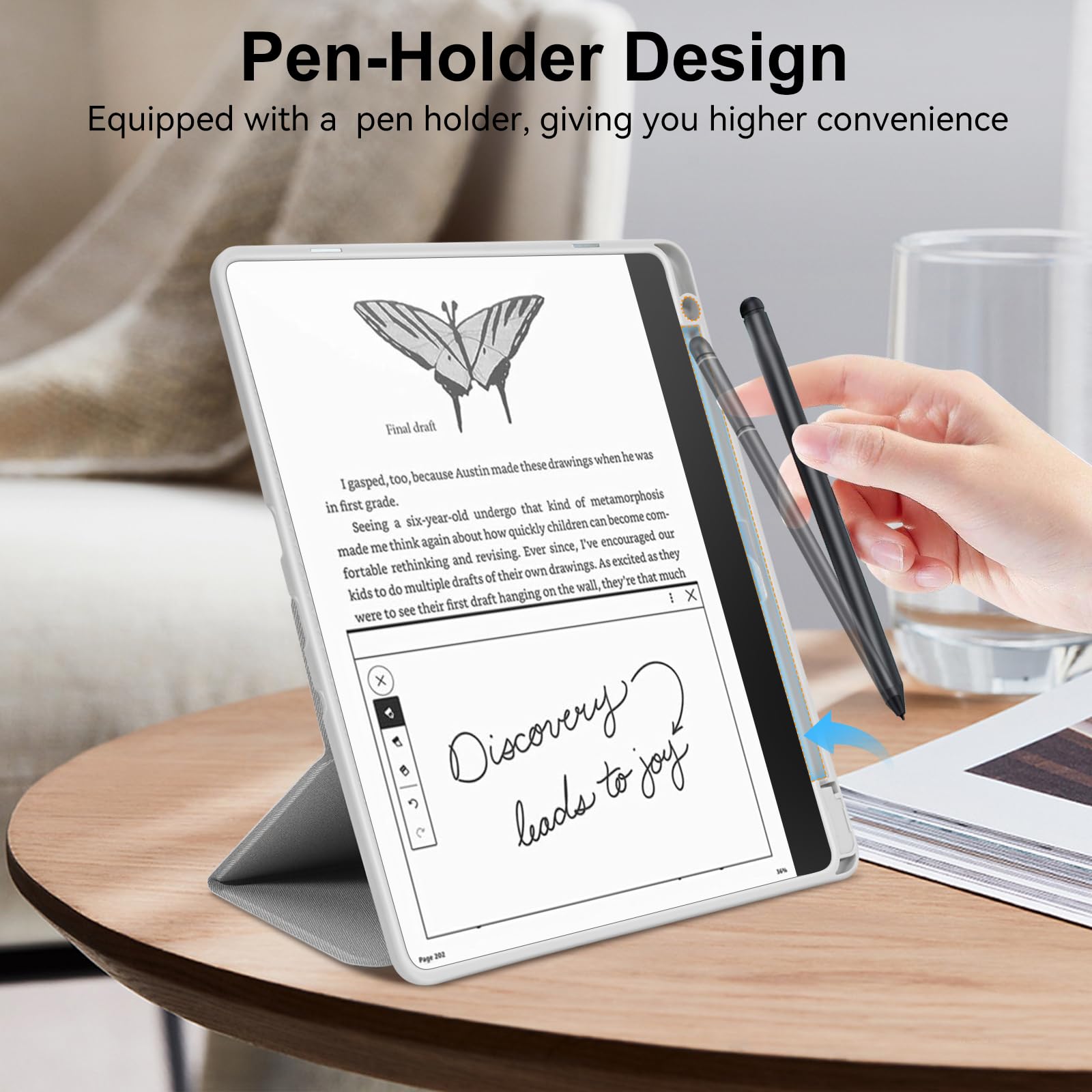 Custodia con supporto per Kindle Scribe (versione 2022/2024), custodia a tre ante in pelle PU di alta qualità con portapenne, compatibile con Kindle Scribe, auto sleep/wake, grigio