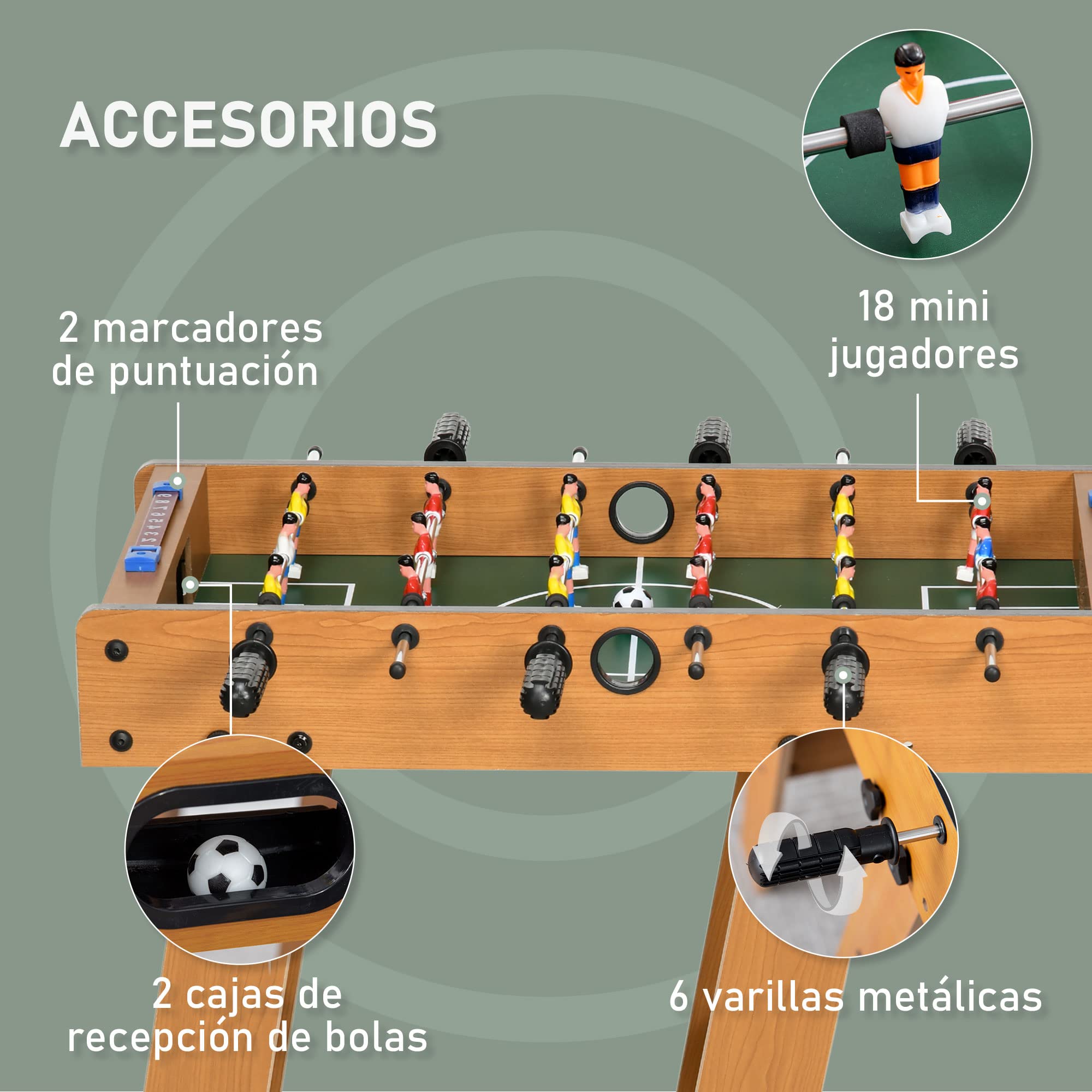 HOMCOM Futbolín Plegable para Niños y Adultos Futbolín de Madera 69x37x70 cm con 2 Bolas 6 Asas 2 Marcadores de Puntos 18 Jugadores para Familias Fiestas Juegos Natural