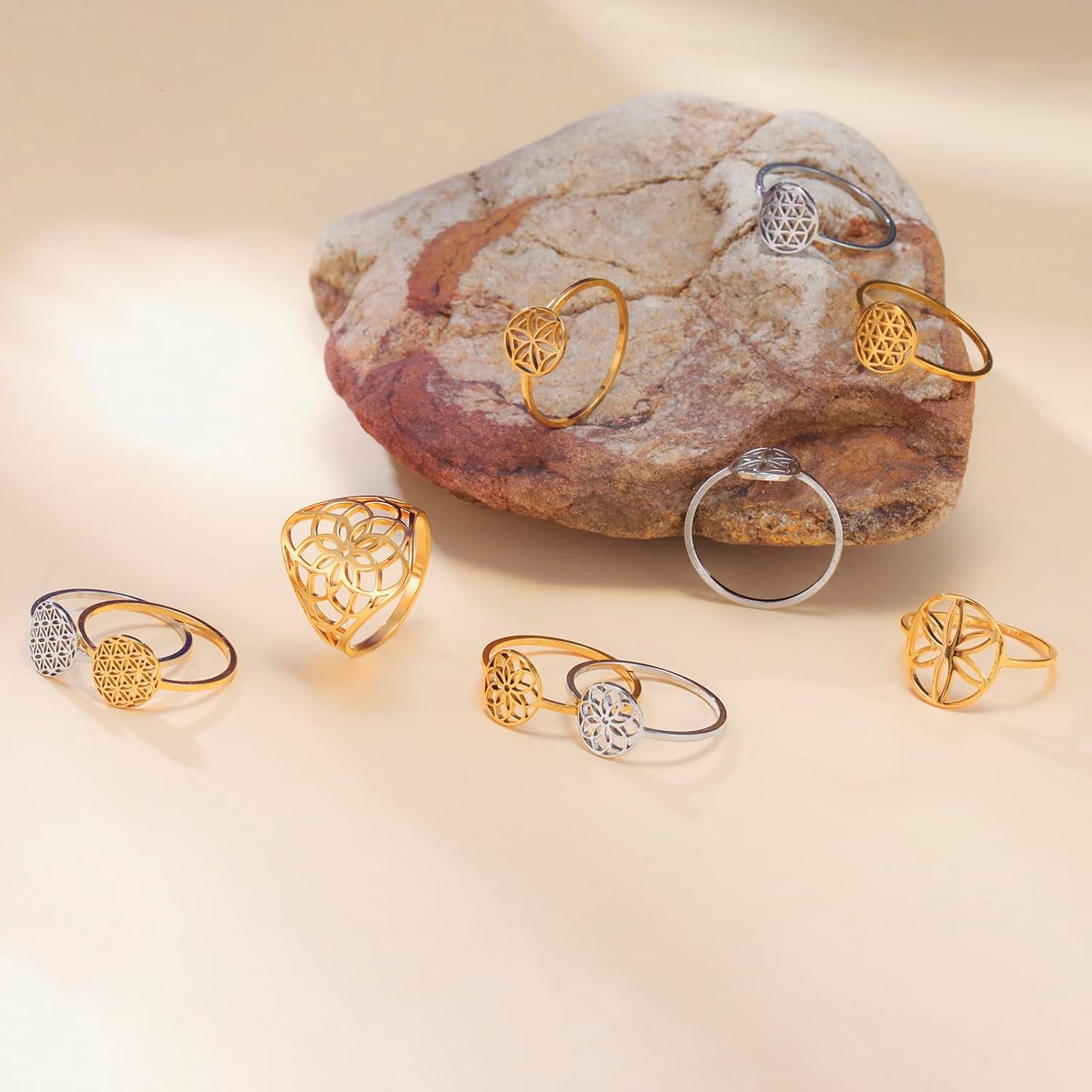 kkjoy Flower of Life Ring Stainless Steel Openwork Seed of Life Ring Promise Ring Jewelry Gift for Women Charming Ladies - Image 4