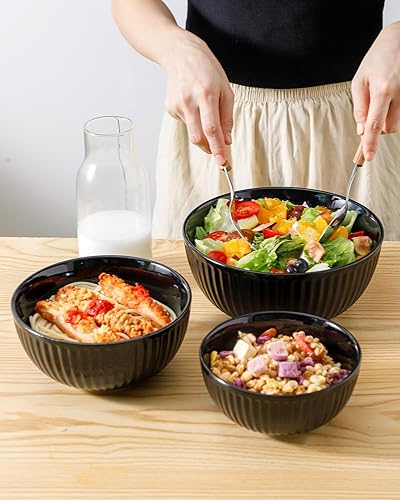 Vista 93 de HASENSE Ensaladeras grandes de 2, cuencos de porcelana de 60 onzas para servir de 8 pulgadas para comedor de cocina, elegantes platos de cerámica