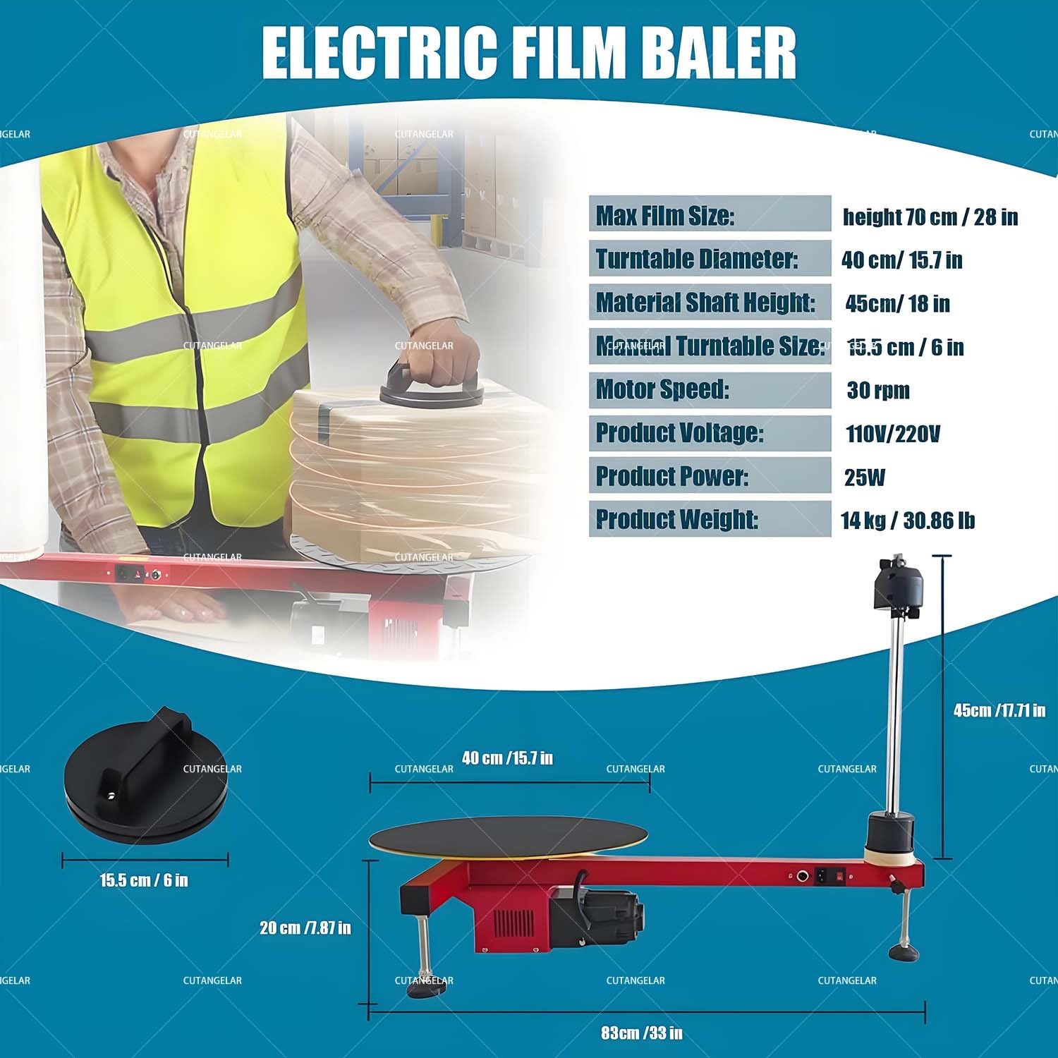 Envolvedora De Palets Eléctrica, Máquina De Alta Resistencia Con Plataforma Giratoria De 40 Cm. Empacadora Automática De Film Estirable Para Logística De Almacén. Carga De 50 Kg.