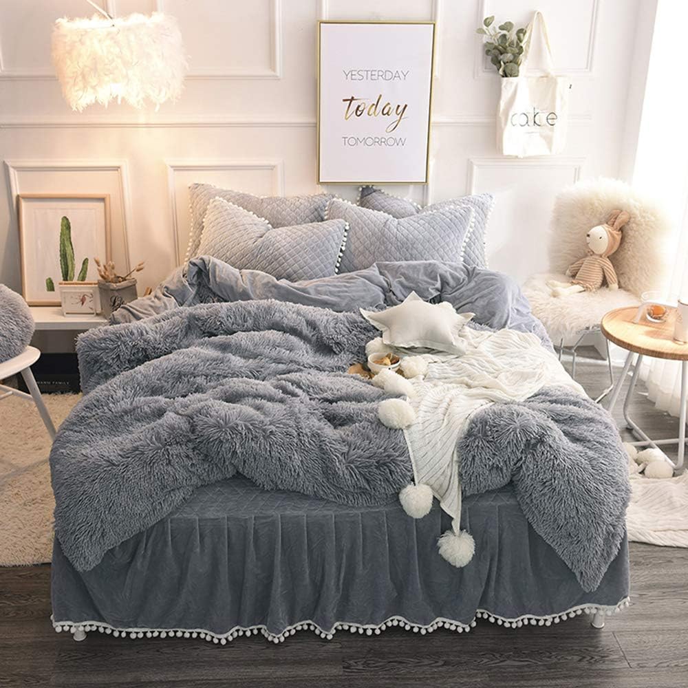 SHSYCER Fluffy Comforter Cover ,Queen Duvet Cover Set,Queen Size Bedding,Queen Set Comforter Cover,Velvet Comforter Cover,Extra Fluffy Comforter,Cute Comforter Set,Grey Duvet Cover Queen