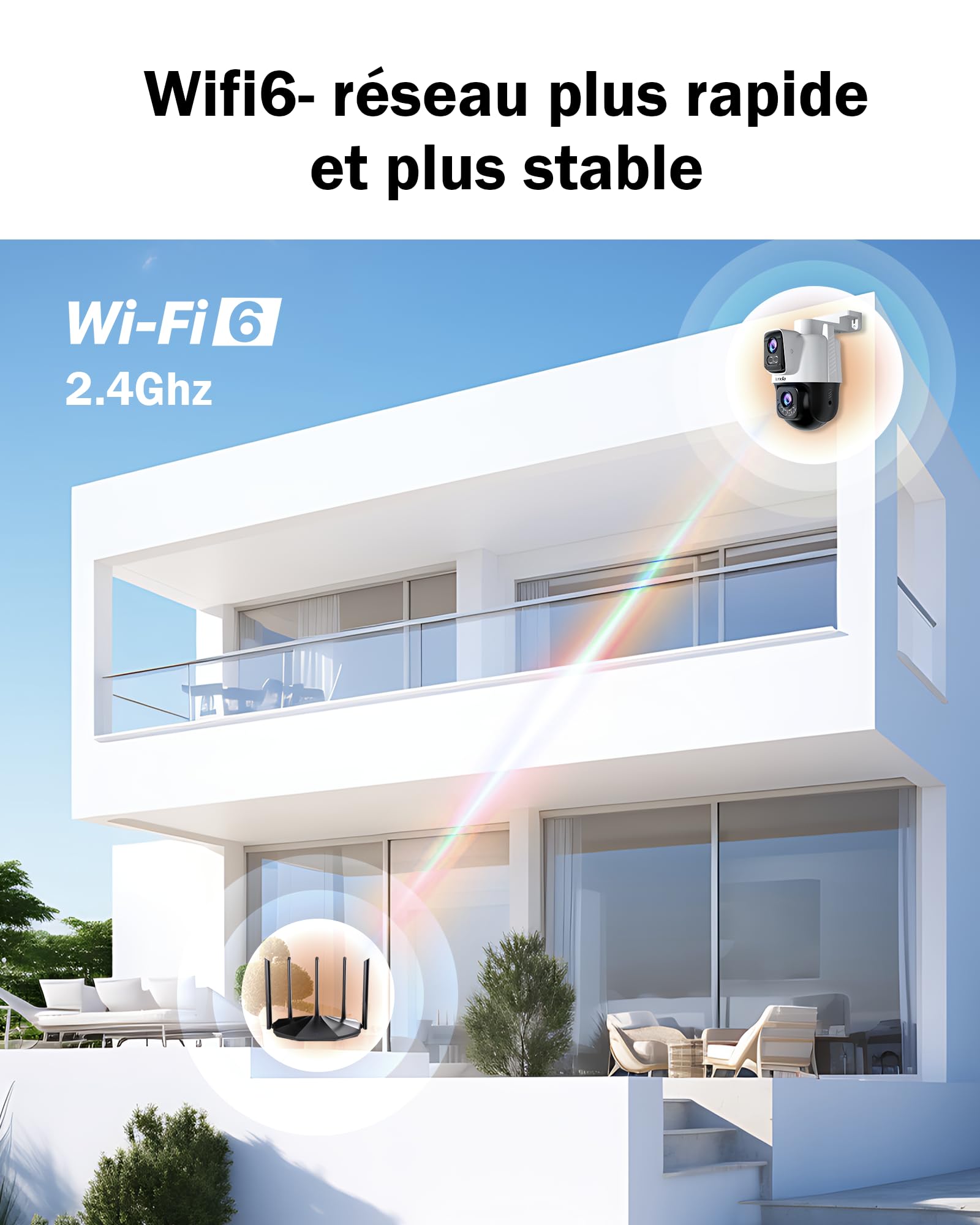 Tenda Caméra Extérieure WiFi 3MP+3MP, Double Objectif, 360° PTZ, Audio Bidirectionnel, Couleur Vision Nocturne 30m, Détection Personnes/Véhicules, Suivi Auto, Alertes Vocales Personnalisées, CH9