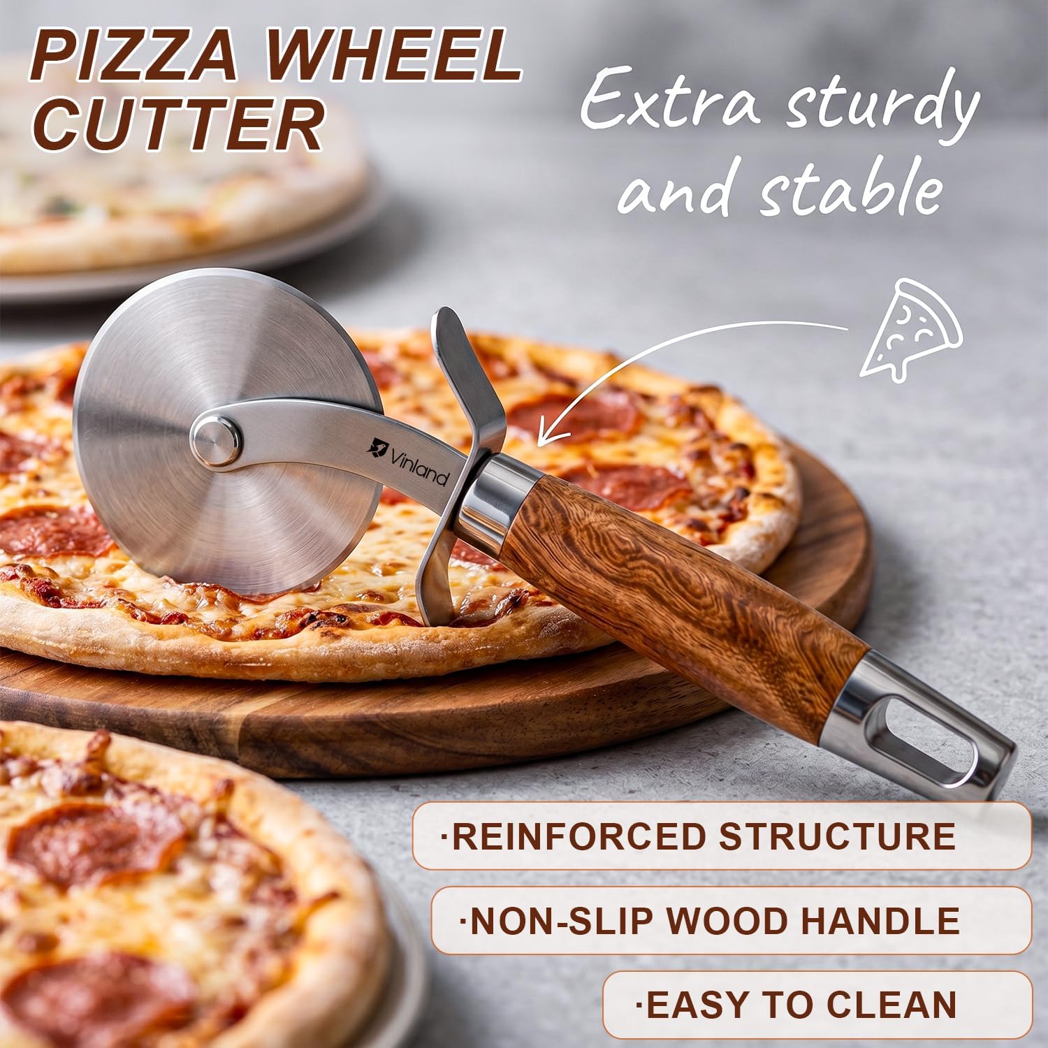 Pizza Cutter Wheel with Thumb Guard, Stainless Steel, Wood Handle