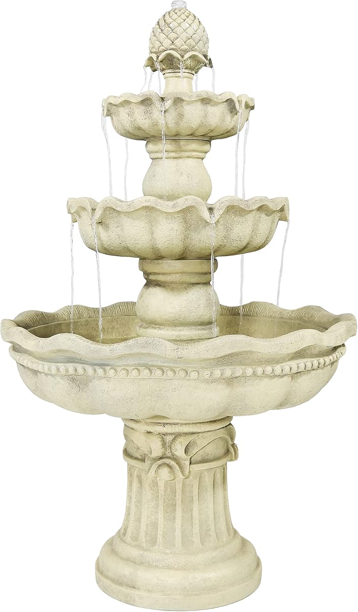 Sunnydaze Fuente de agua grande para exteriores de 51 pulgadas y 3 niveles, parte superior de piña, blanco roto | Bomba eléctrica incluida, lavabo de 8 galones, fácil montaje sin herramientas, fuente alta para exteriores con niveles para jardín, patio, terraza