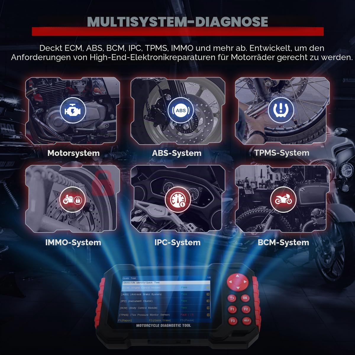 M7 Motorrad Diagnosegerät, 5 Zoll IPS Bildschirm OBD2 Scanner für Motorrad,mit ABS Entlüftung & Live-Daten, IMMO Service,TPMS, Inspektionsrückstellung für BMW,Ducati,KTM,Honda & 70+ Marken,12 Sprachen