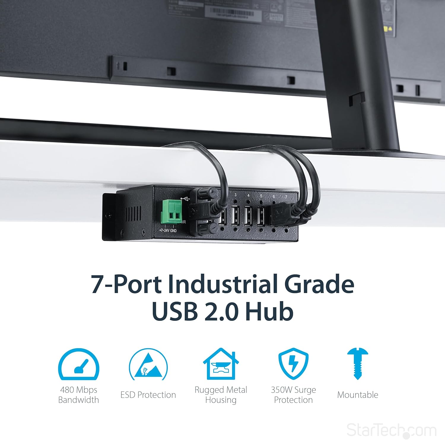 StarTech.com 7-Port USB 2.0 Hub - Metal Industrial USB-A Hub with ESD Protection & 350W Surge Protection - Din Rail, Wall or Desk Mountable - TAA Compliant USB Expander Hub (ST7200USBM)