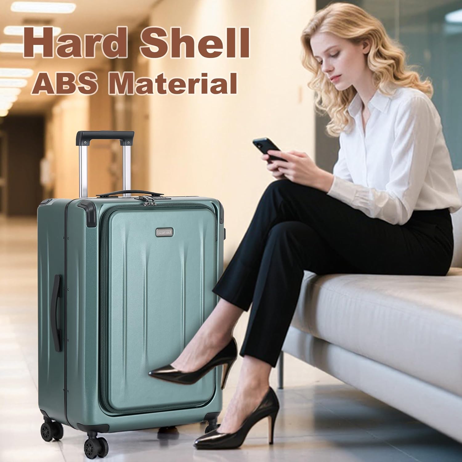 25 Inch Luggage, Top Opening Airline Approved ABS+PC Hard Shell Suitcases with Silent Wheels, TSA Lock,Front Pocket and Wet-dry Separated Six-piece Set(25 inch-Dark Green)