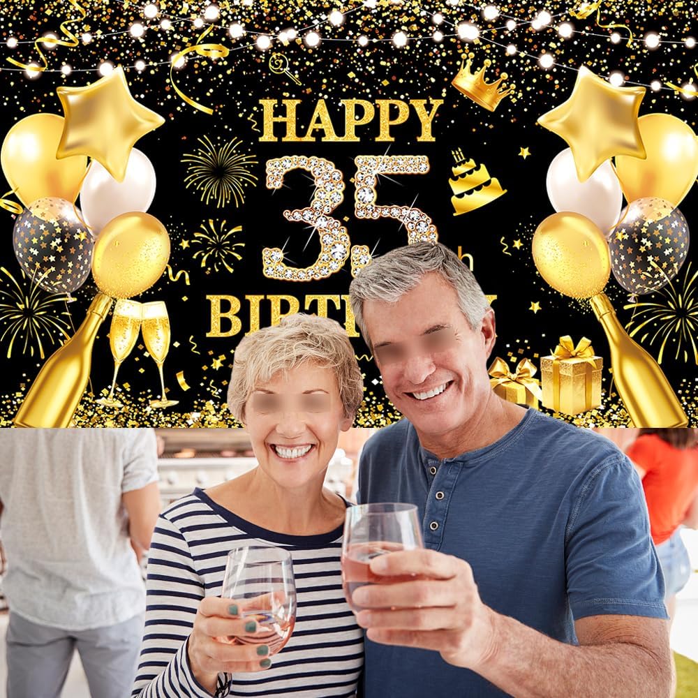 Happy Birthday Backdrop Banner Men Women 35th Birthday Decorations Black Gold 35 Years Old Party Decor Supplies Outdoor Indoor Decoration Banner Background Poster Photo Booth Props Supplies