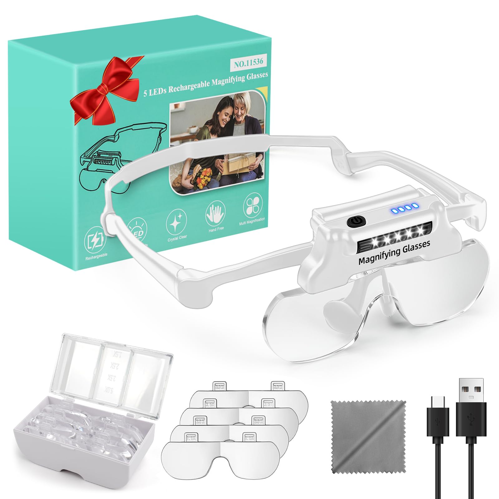 Magnifying Glasses with Lights,Rechargeable Hands Free Headband Magnifying Glasses for Close Work with 5 LEDs, 5X 3.5X 2.5X 1.5X Professional Jeweler's Loupe Lighted Magnifier,White