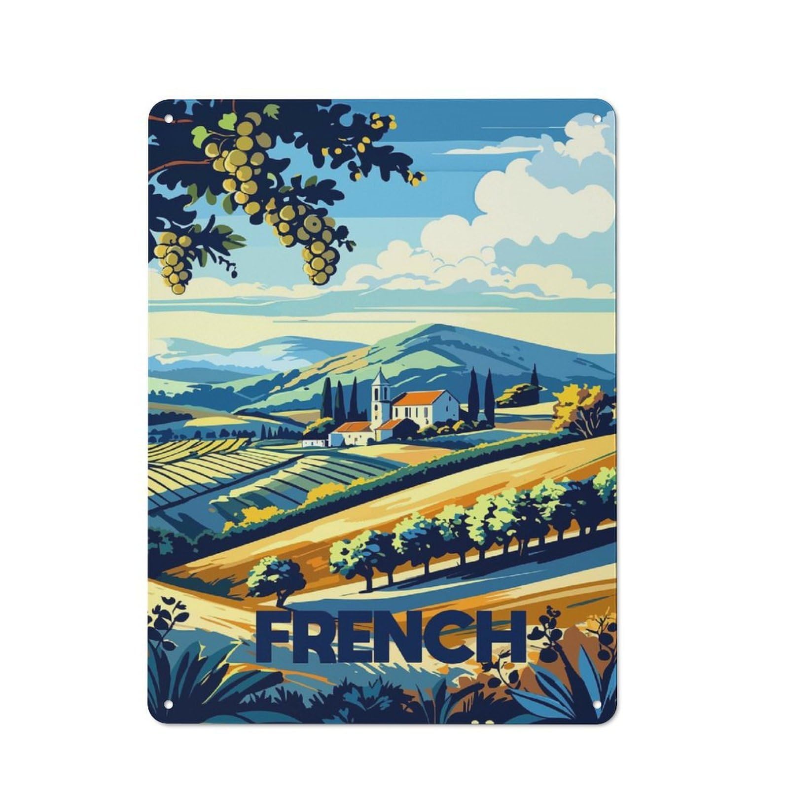 Junmoney Style-14 Loft Style French Countryside Landscape Art Decorative Metal Plaque 40X30cm, Studio Wall Art For Workspace, Cafe, Hallway Or Garage