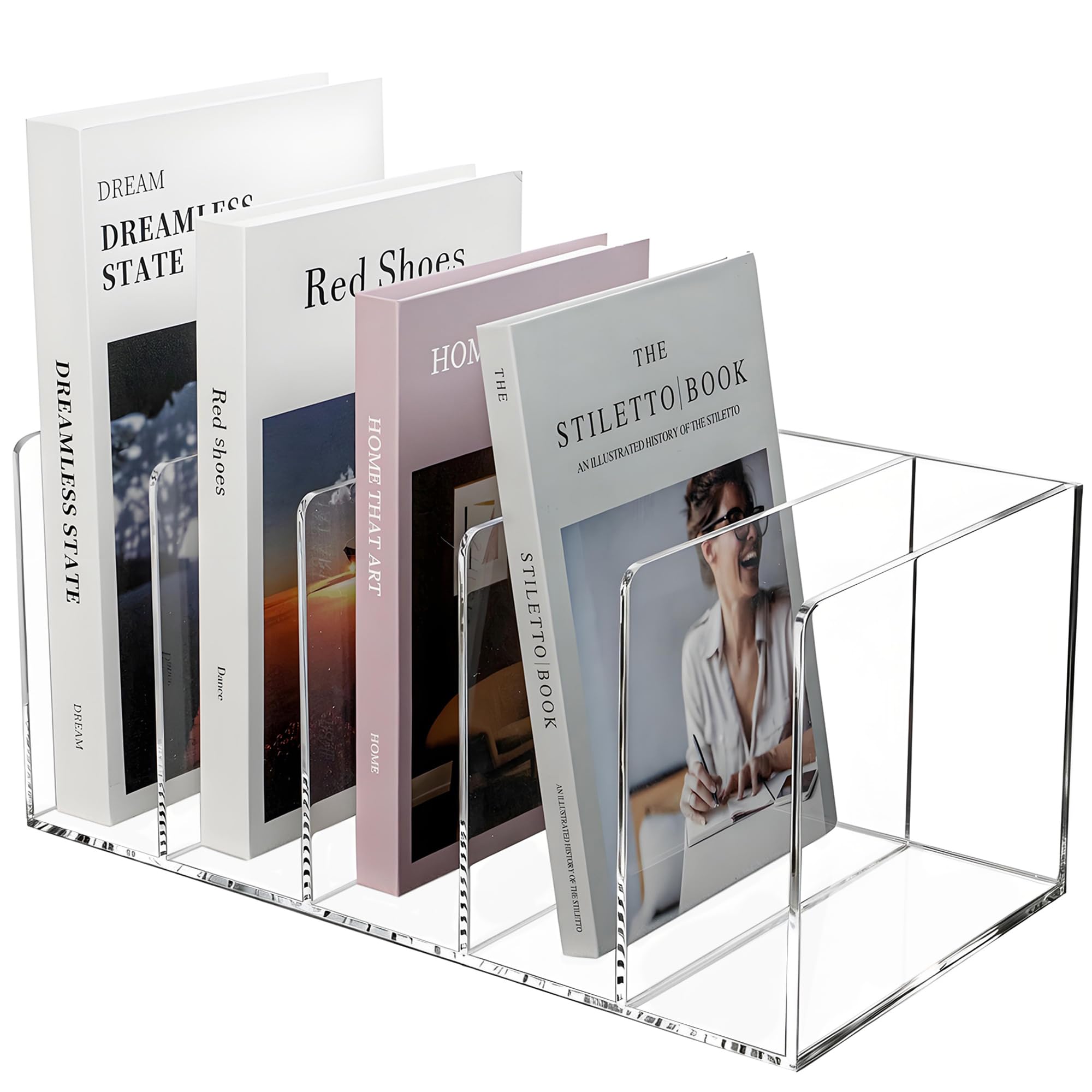 KOEMEHR Acrylic Desktop File Organiser - 5 Compartments Vertical Magazine File Holder Rack - Clear Workspace Sorter for Folders, Books and Documents - No Assembly- 35 x 18.5 x 16 cm