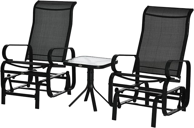 Outsunny 3 PCs Metal Outdoor Gliding Rocking Chair With Tea Table Patio Garden Comfortable Swing Chair Black