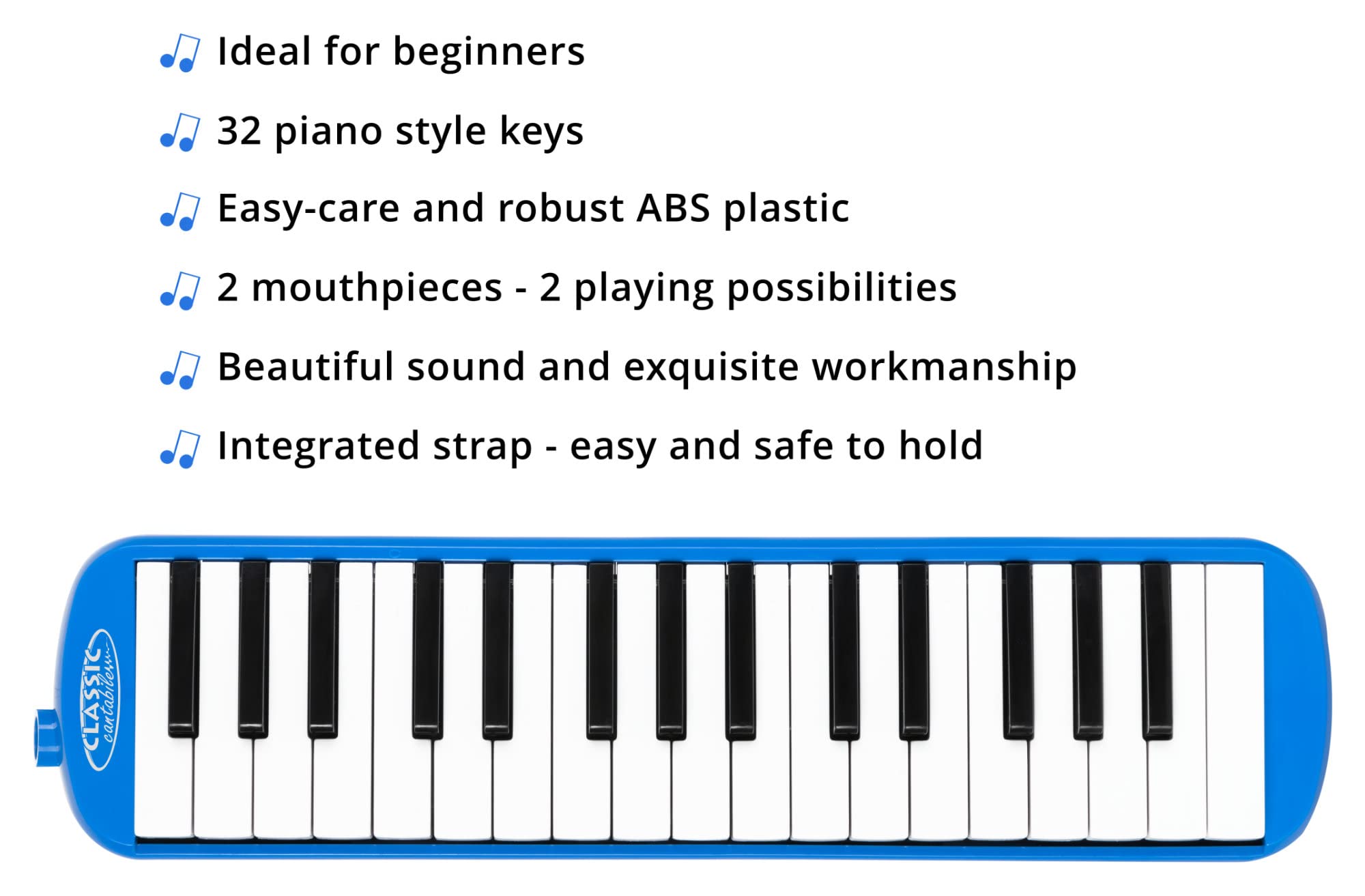 Classic Cantabile FML-32 BU Mélodica 32 touches, tonalité fa-do³, livret 5 chansons enfants, autocollants, étui, embout, tuyau d’air, couleur bleu.