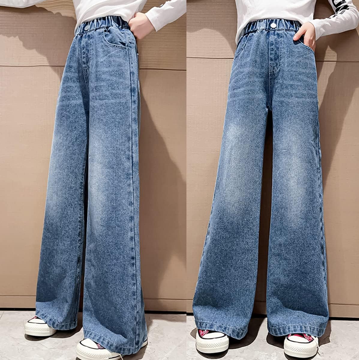 Girls Baggy Wide Leg Jeans Elastic Waist Casual Washed Denim Pants Age 5-14 - Image 4