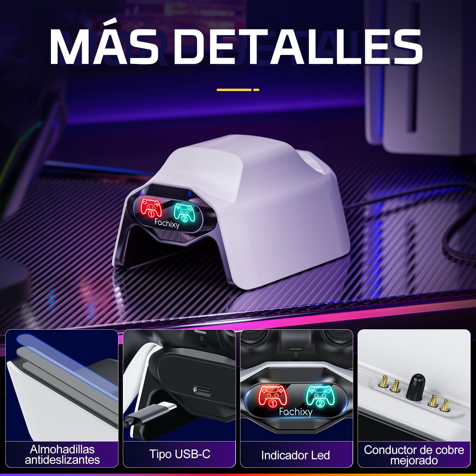 Fachixy Cargador de Controlador para PS5, Base de Carga rápida de 2 Horas para PS5 DualSense, estación de Carga con enchufes y Cables Individuales, con indicador LED
