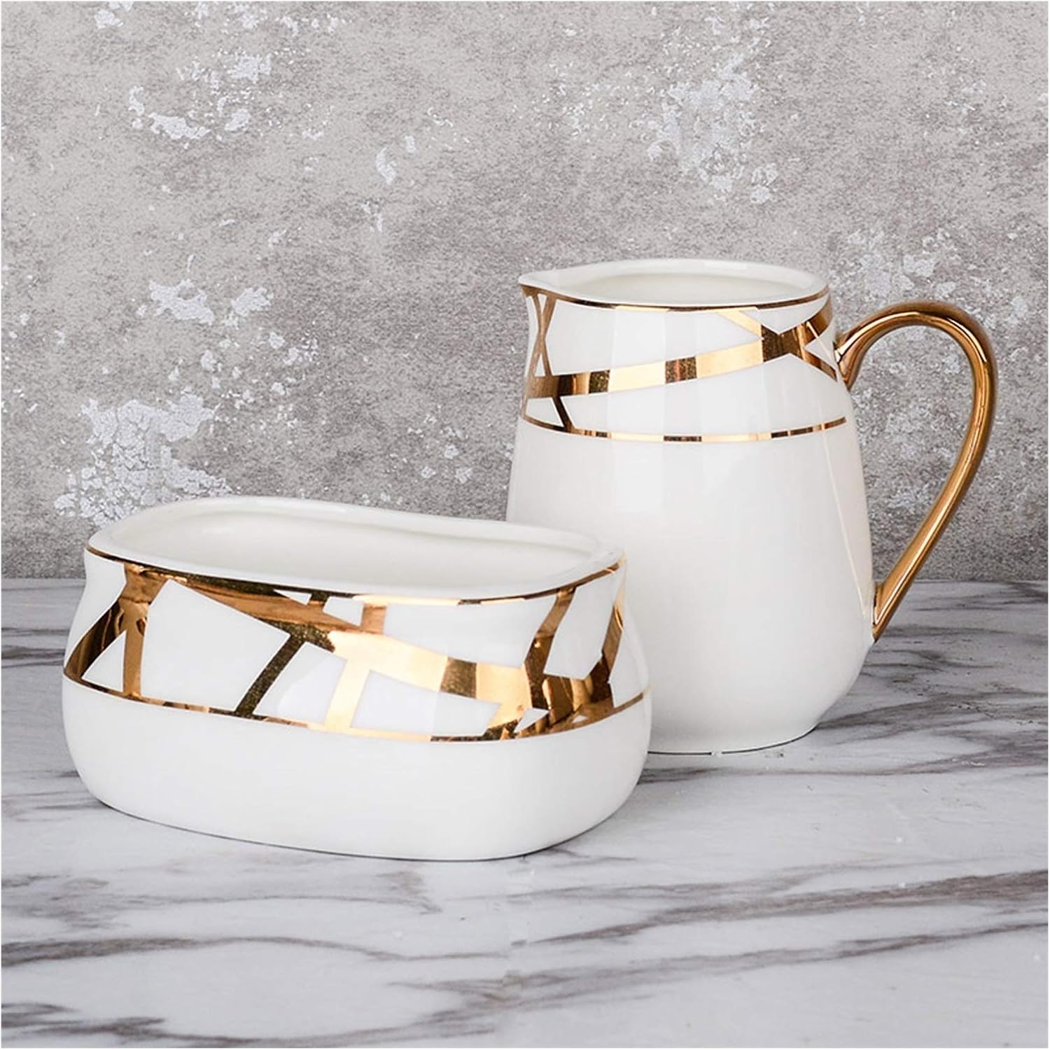 Porcelain Sugar and Creamer Set for Coffee and Tea Multifunctional Cream Jug with Handle/Sugar Jar/Small Milk Cup Golden Edge Stainless Steel Double Insulated Gravy Boat (A)