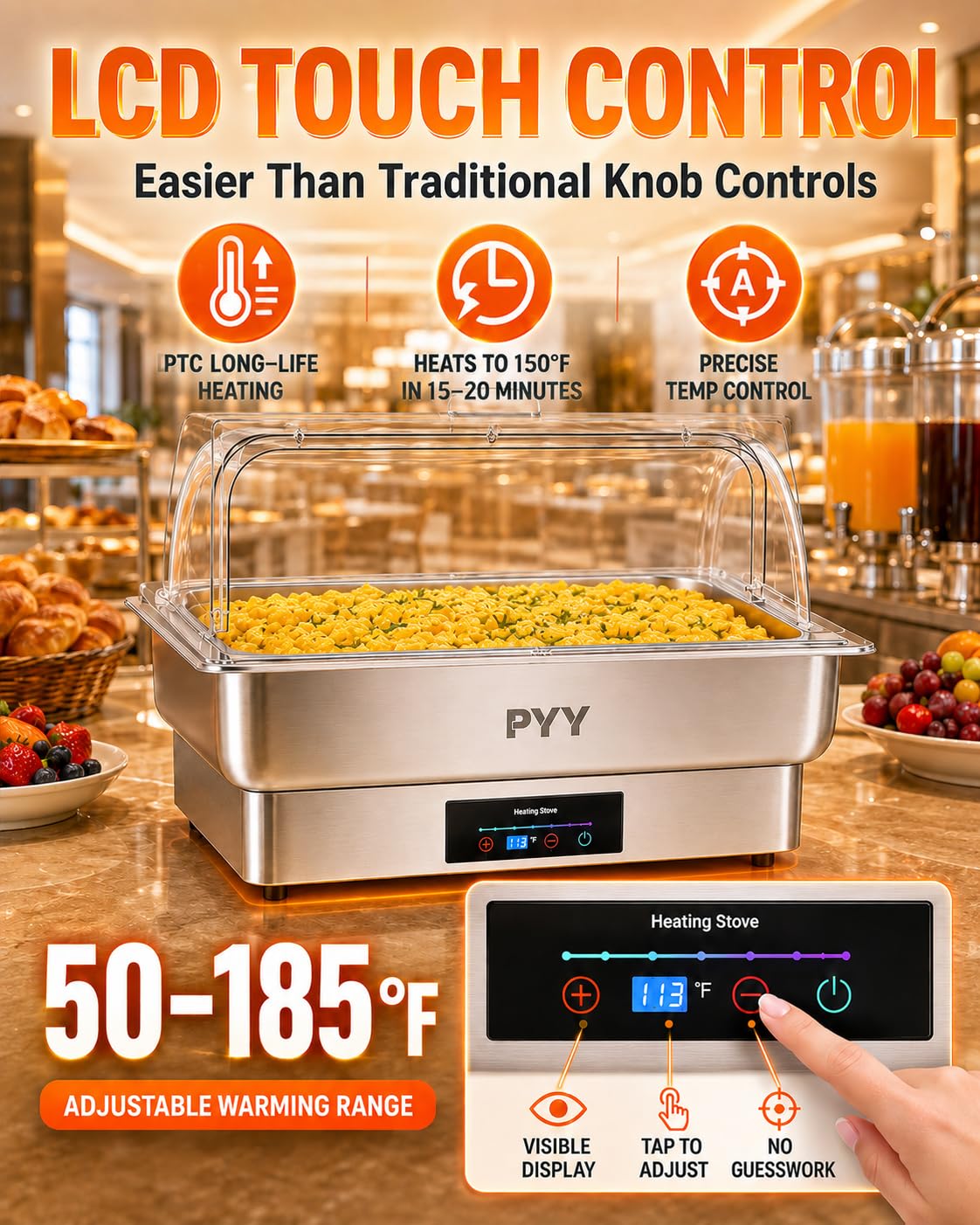 PYY Juego de Platos eléctricos para bufé, Plato de frotamiento con Parte Superior Enrollable, Juego de Servidor de Rozaduras de Acero Inoxidable para Catering, bufés (tamaño Completo con Tapa)