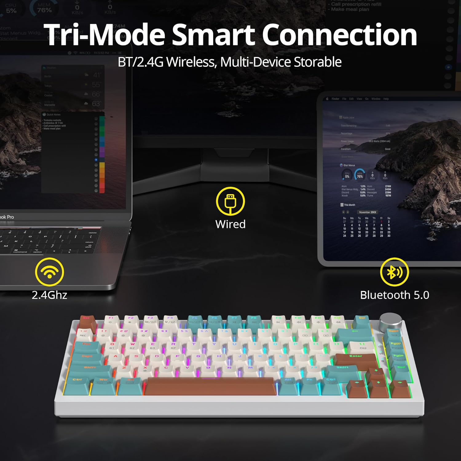 82 Keys Wireless Gaming Keyboard 75 Percent,Triple Mode Bluetooth/2.4Ghz/USB Pre-lubed Hot Swappable Mechanical Keyboard, w/Knob&Sound-Absorbing Pads,4000mAh Battery for Mac/Win (Brown)