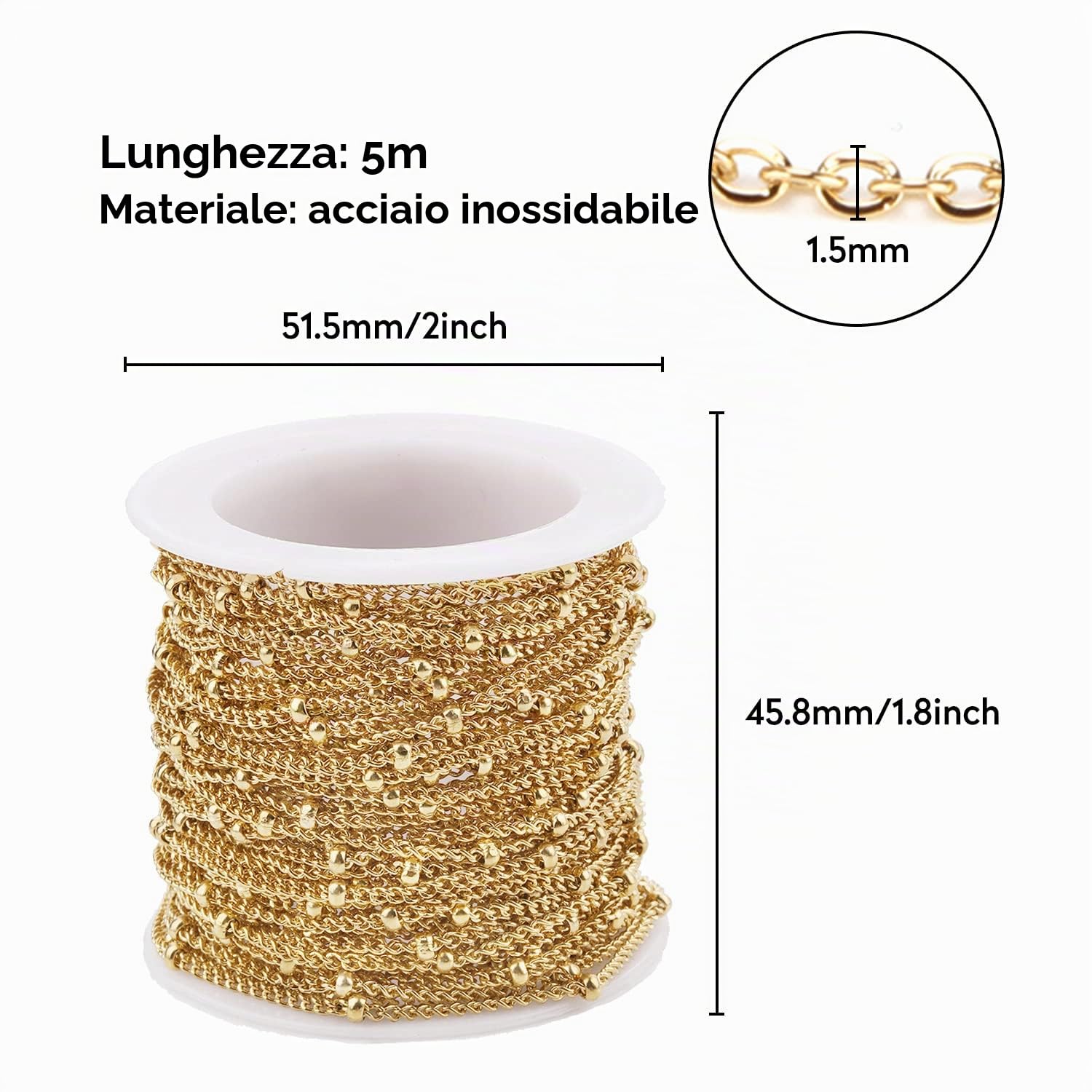 Catena di Gioielli in Acciaio Inossidabile, Catene Forzatine Dorate con Palline Alternate Rotonde in Acciaio Inox 304, Placcatura Sottovuoto, per La Creazione di Bigiotteria, Bobina da 5 metri(Oro)