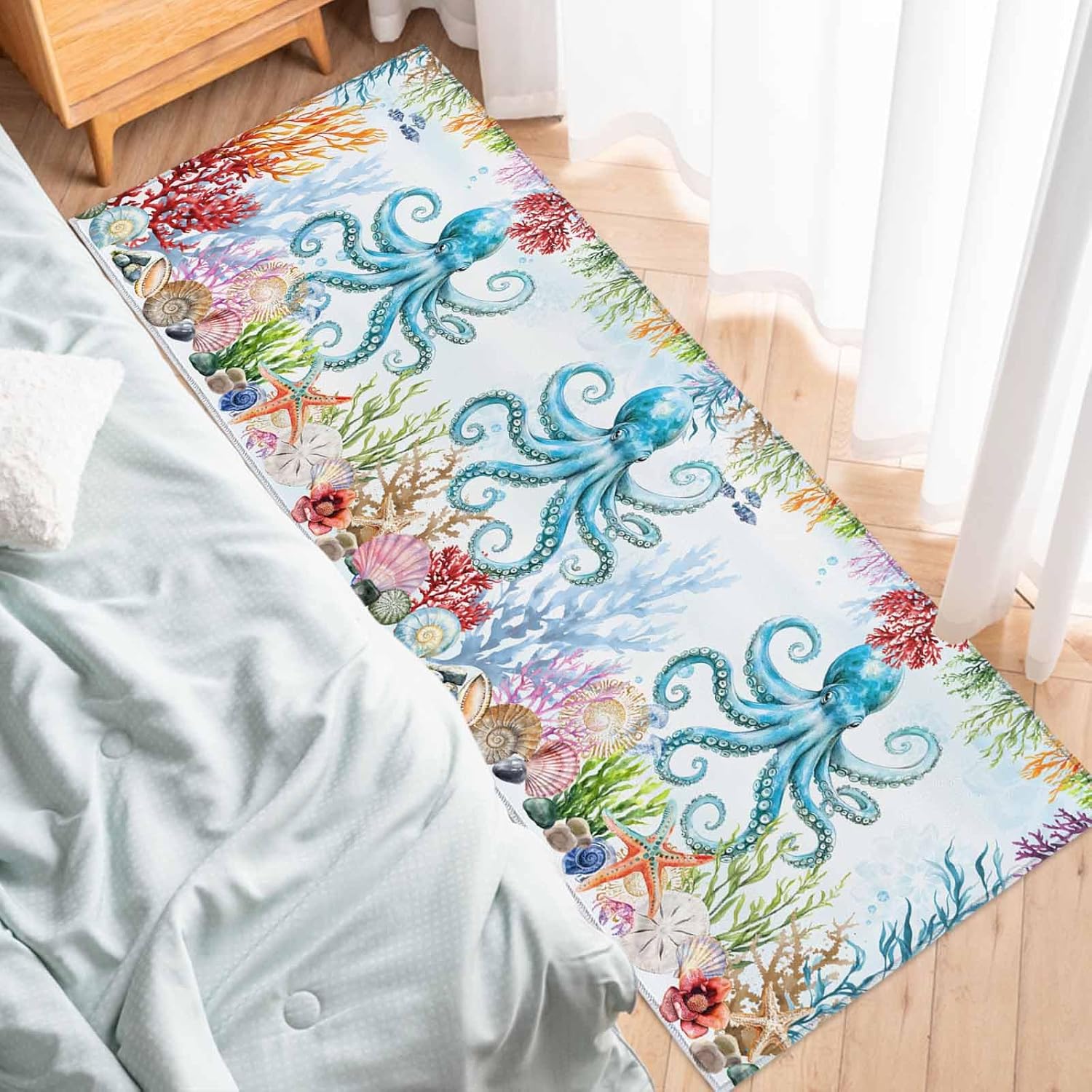 2 Pieces Kitchen Rugs and Mats,Vintage Coastal Blue Octopus Coral Area Runner Rug Set Non Slip Floor Doormat Washable Carpet Standing Mat for Kitchen Sink Indoor Corridor,Ocean Starfish Shell Fish