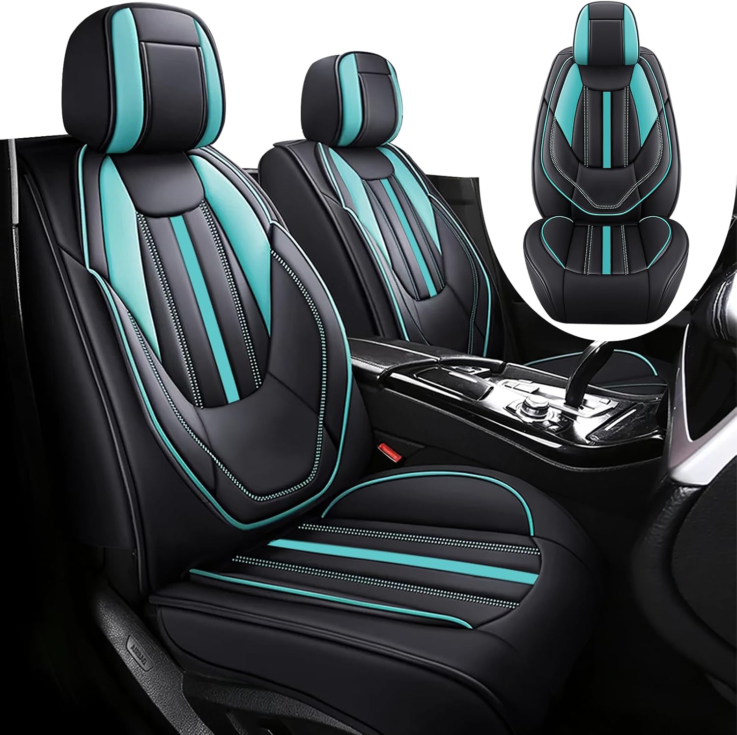 Car Seat Covers Fit for Kia Seltos 2021-2025, Premium Waterproof Leather Seat Covers 2-Seats Standard, Soft and Breathable Automotive Seat Covers for Cars(Black-Cyan)
