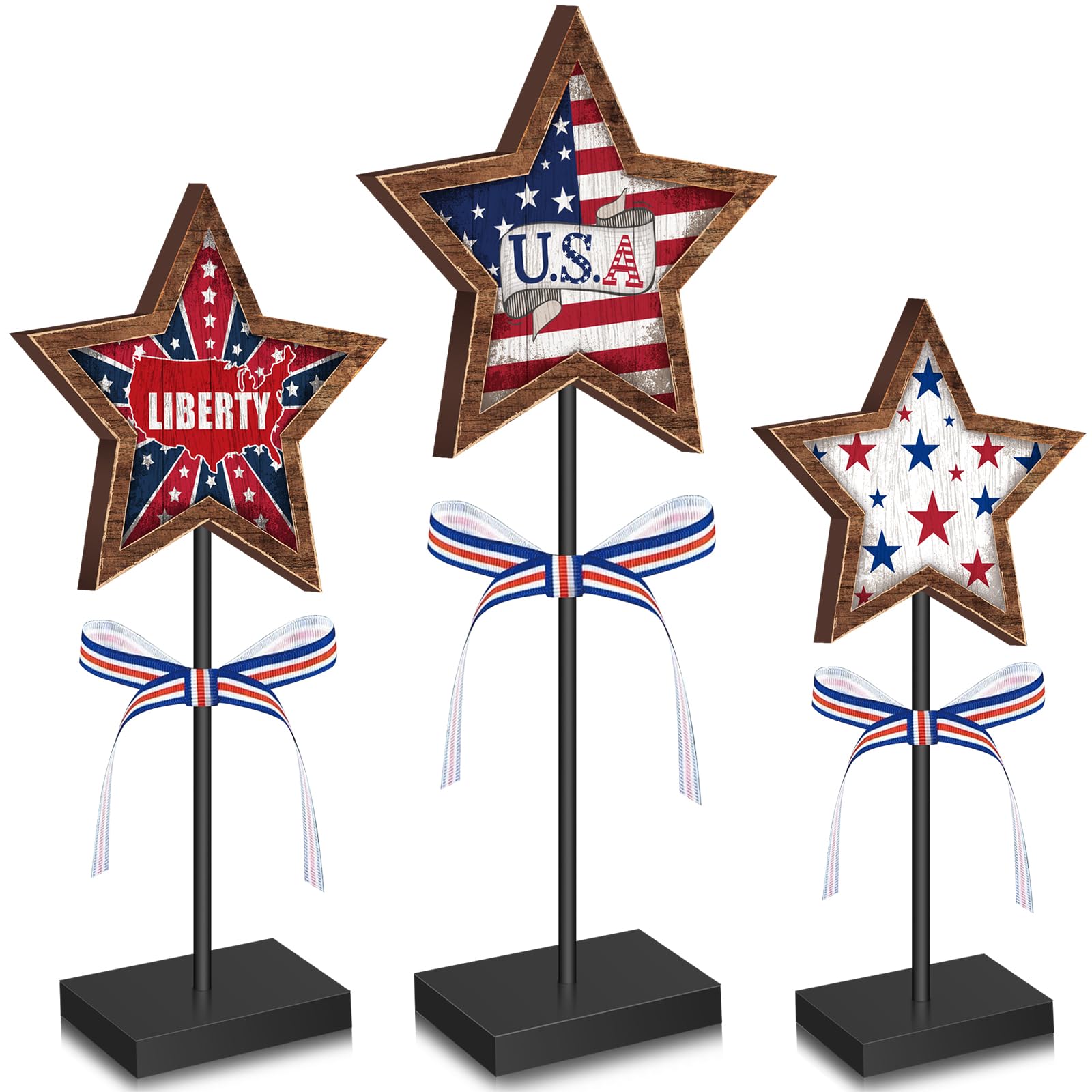 Yinkin 3 Pcs 4th of July Decorations Star Tiered Tray Decor Patriotic Memorial Day Rustic Standing Star Wooden Red White Blue Centerpieces for Tables