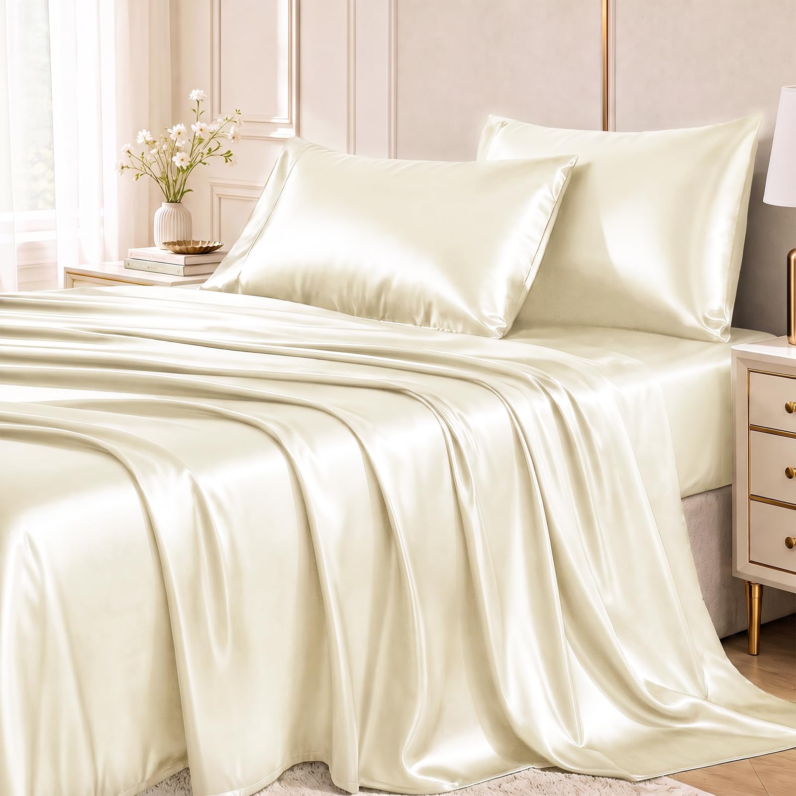 CozyLux Satin Sheets Full, 4-Piece 14-Inch Deep Pocket Sheet Set