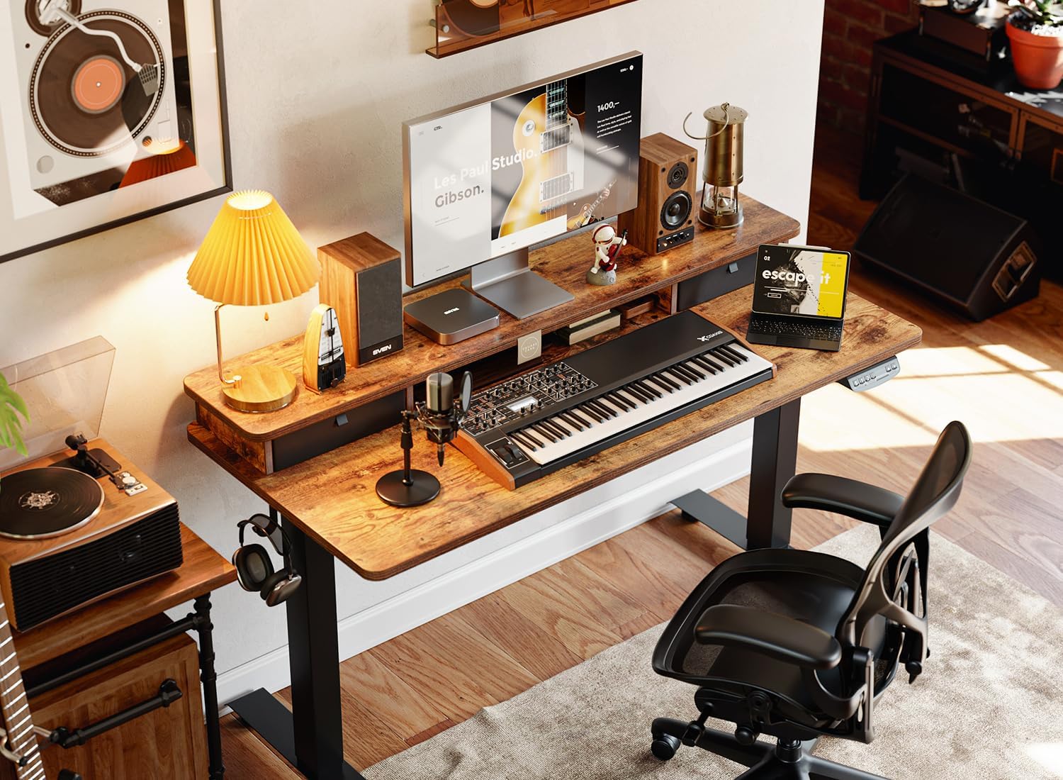 BANTI 55×24 Inch Electric Standing Desk with Double Drawers, Adjustable Height Stand Up Desk, Sit Stand Home Office Desk with Storage Shelf, Rustic Brown Top