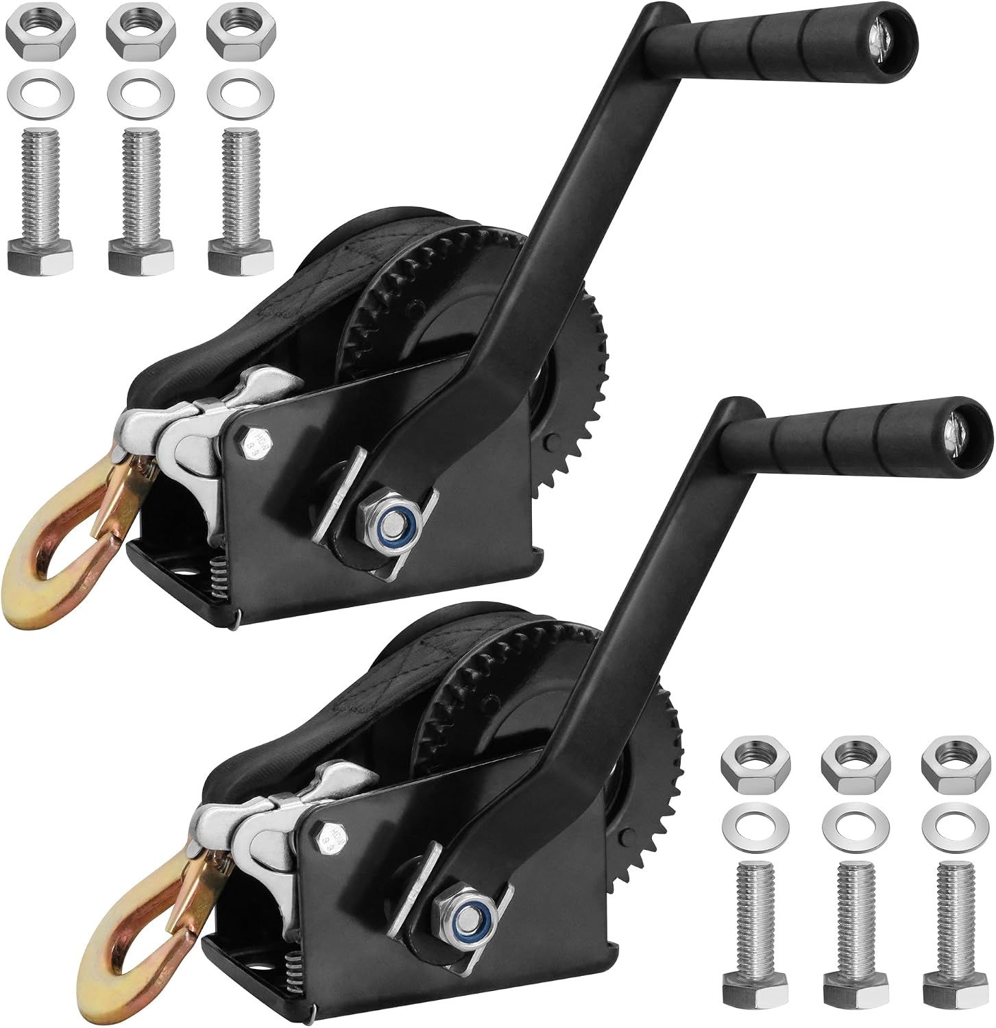 BDI Wear Part 2Pk Boat Winch,800lbs Hand Boat Trailer Winch Rope Crank with 16 ft(5M) Polyester Strap and Two-Way Ratchet, Manual Operated Hand Crank Winch for Boat, Truck, Trailer, RV, ATV, Jet Ski