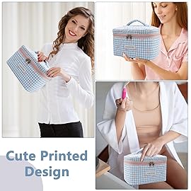 1pc Large Makeup Bag, Cute Cosmetic Bag for Women Girls, Floral Coquette Aesthetic Toiletry Bag, Travel Make Up Organizer Bag (Blue Plaid Bow