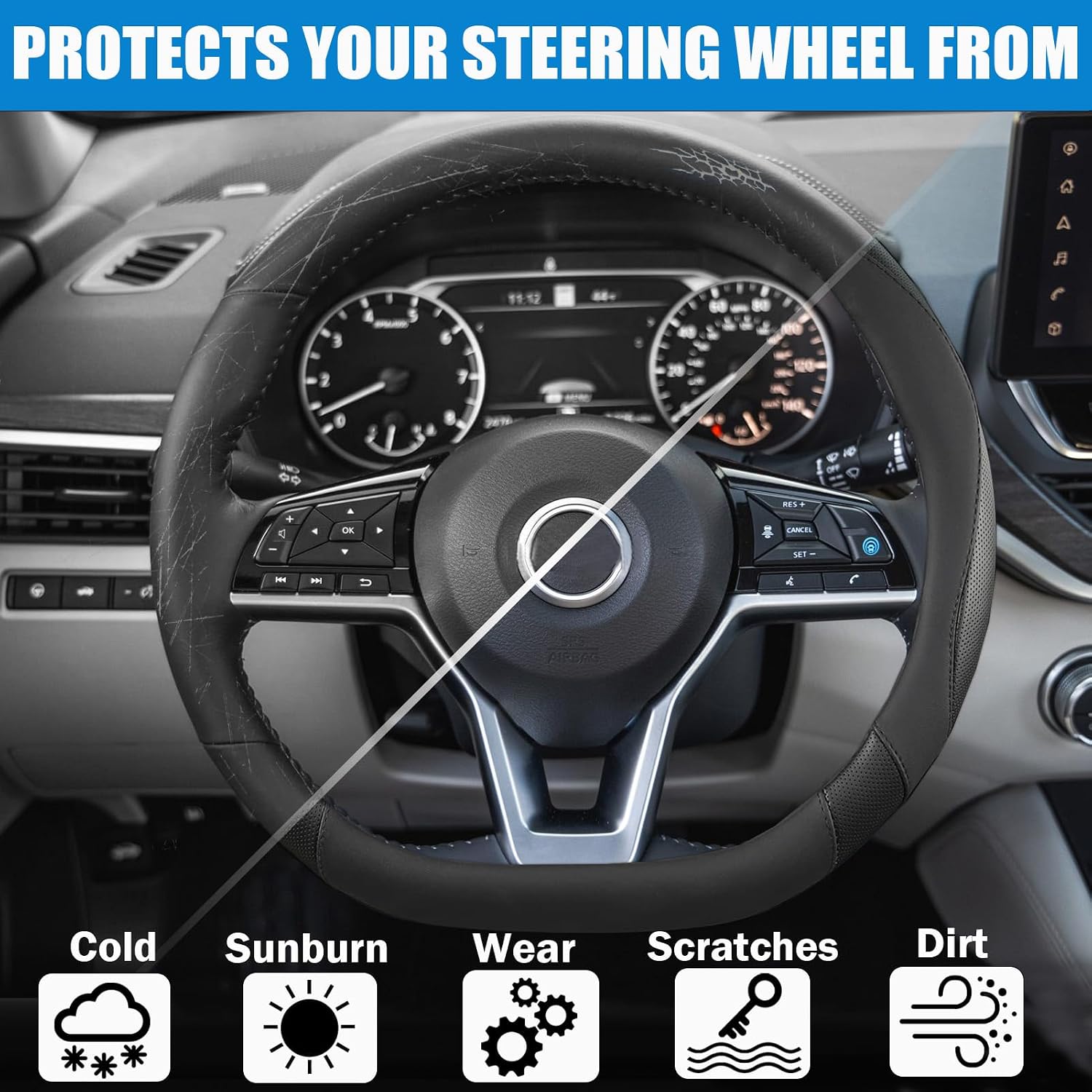 Flat Bottom Car Steering Wheel Cover for Nissan Rogue/Altima/Kicks/Maxima| Non-Slip Grip & D Shaped Design for Nissan Rogue Altima Kicks 14.5-15" Steering Wheels (Black-Standard Size)