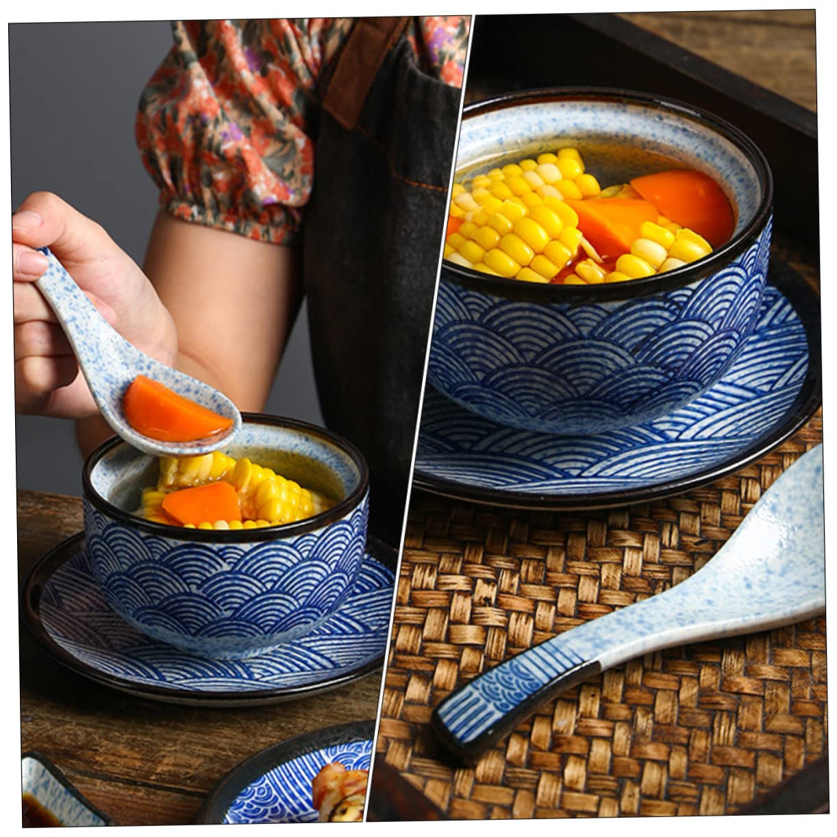 DOITOOL Lot de 2 cocottes en céramique - Bol à ramen avec couvercle - Bol à soupe japonaise - Bol à soupe - Riz Miso - Avec couvercle