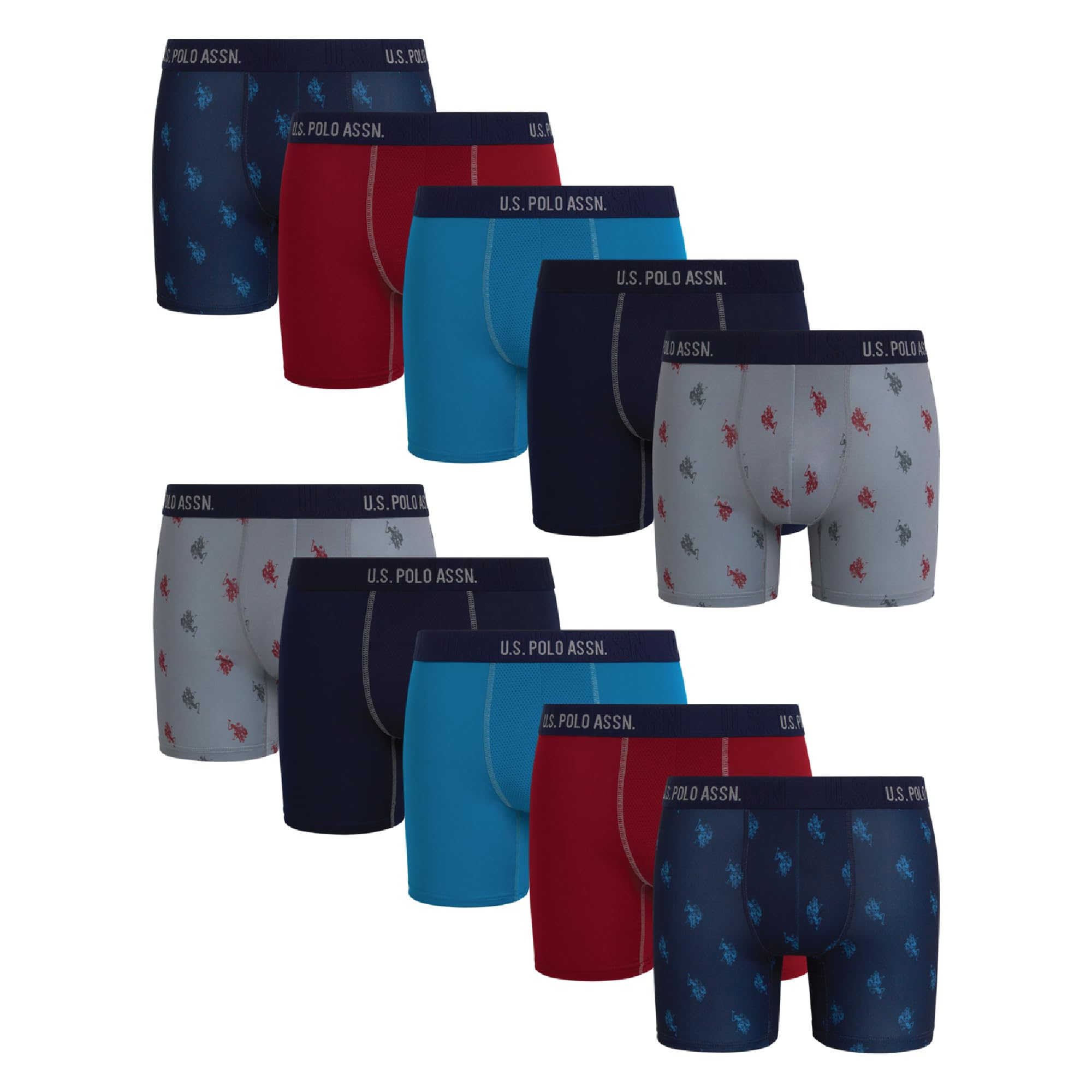 U.S. Polo Assn. Men's Underwear - Performance Boxer Briefs (10 Pack), Rhubarb/Maritime Blue Print/Maritime Blue/Sharkskin Print/Crystal Teal, M