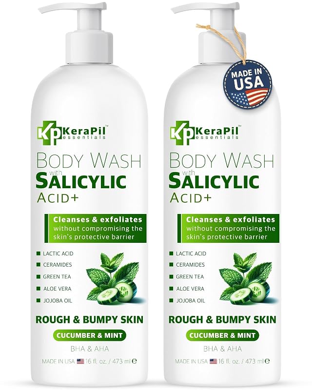 Sabonete líquido corporal KERAPIL com ácido salicílico, pepino e menta, Pacote com 2 de 473 mL
