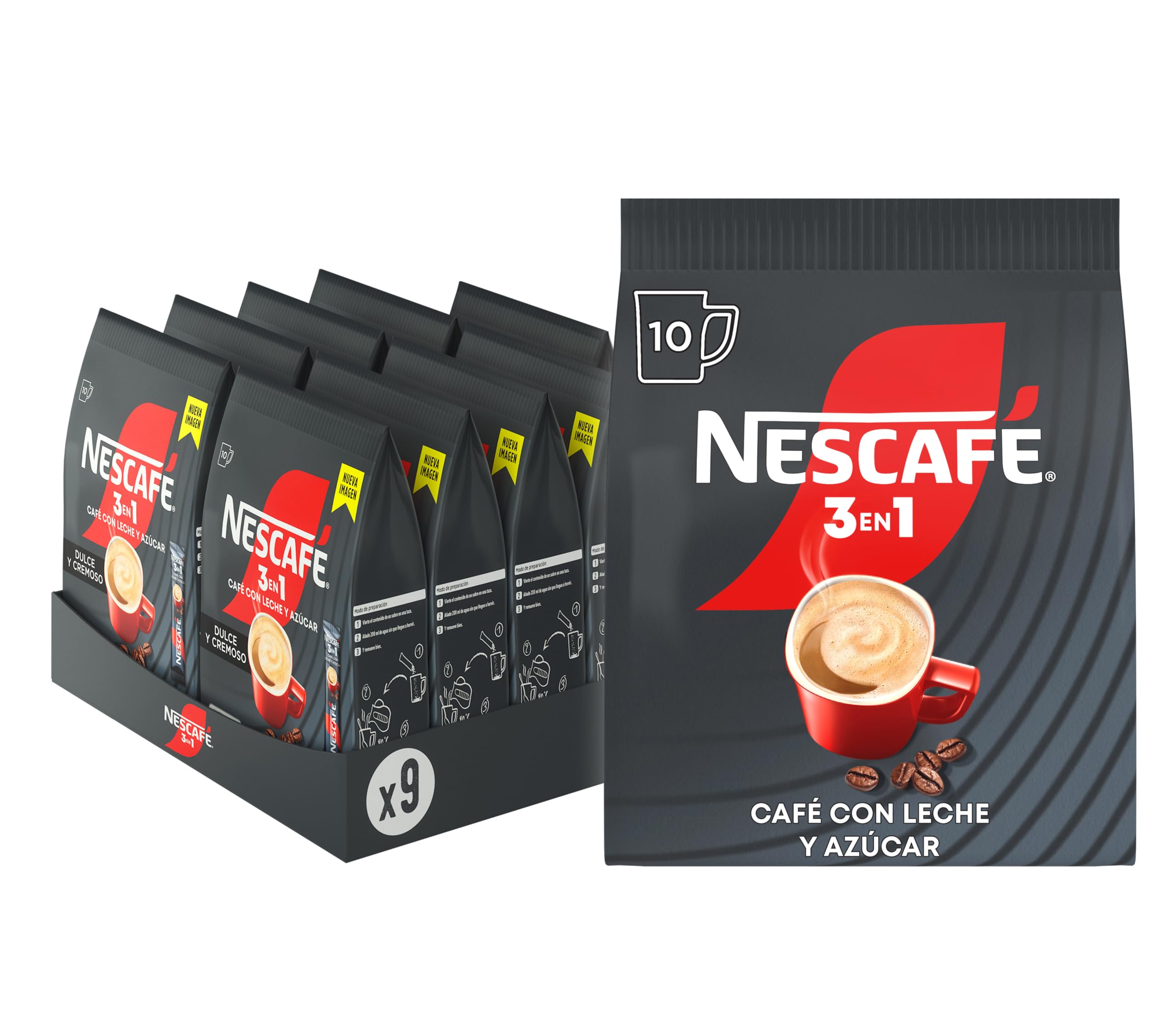 Nescafe 3 EN 1, café soluble natural con leche y azúcar, Pack de 9 bolsas con 10 sobres, TOTAL 90 sobres