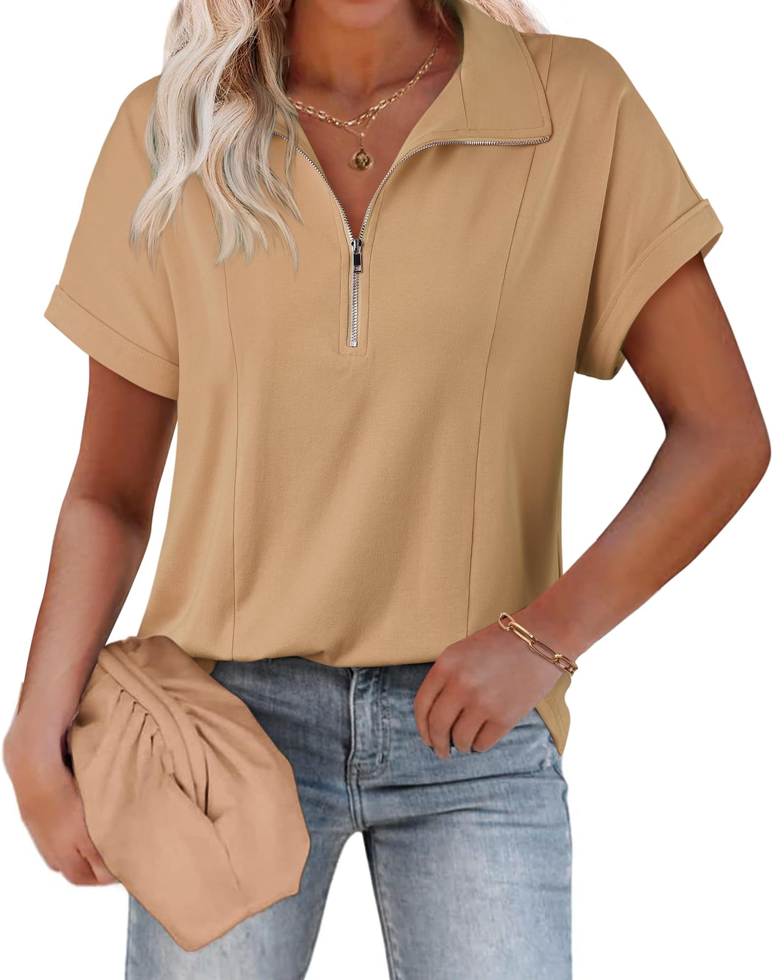 Gaharu Womens Business Casual Blouse Short Sleeve Zipper Polo Shirts Work Tops