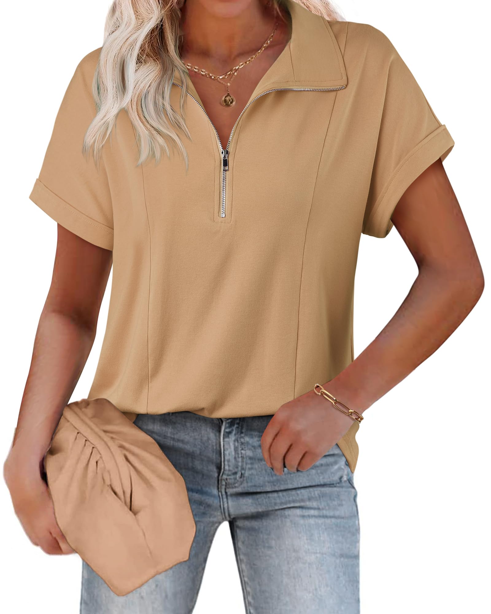 Gaharu Womens Business Casual Blouse Short Sleeve Zipper Polo Shirts Work Tops