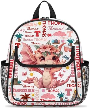 Personalized Toddler Backpack - Custom Kids Backpack for Boys & Girls 3-6 Years, Lightweight Polyester with Safety Whistle Strap, Small Daycare Bookbag | Dinosaur Pink