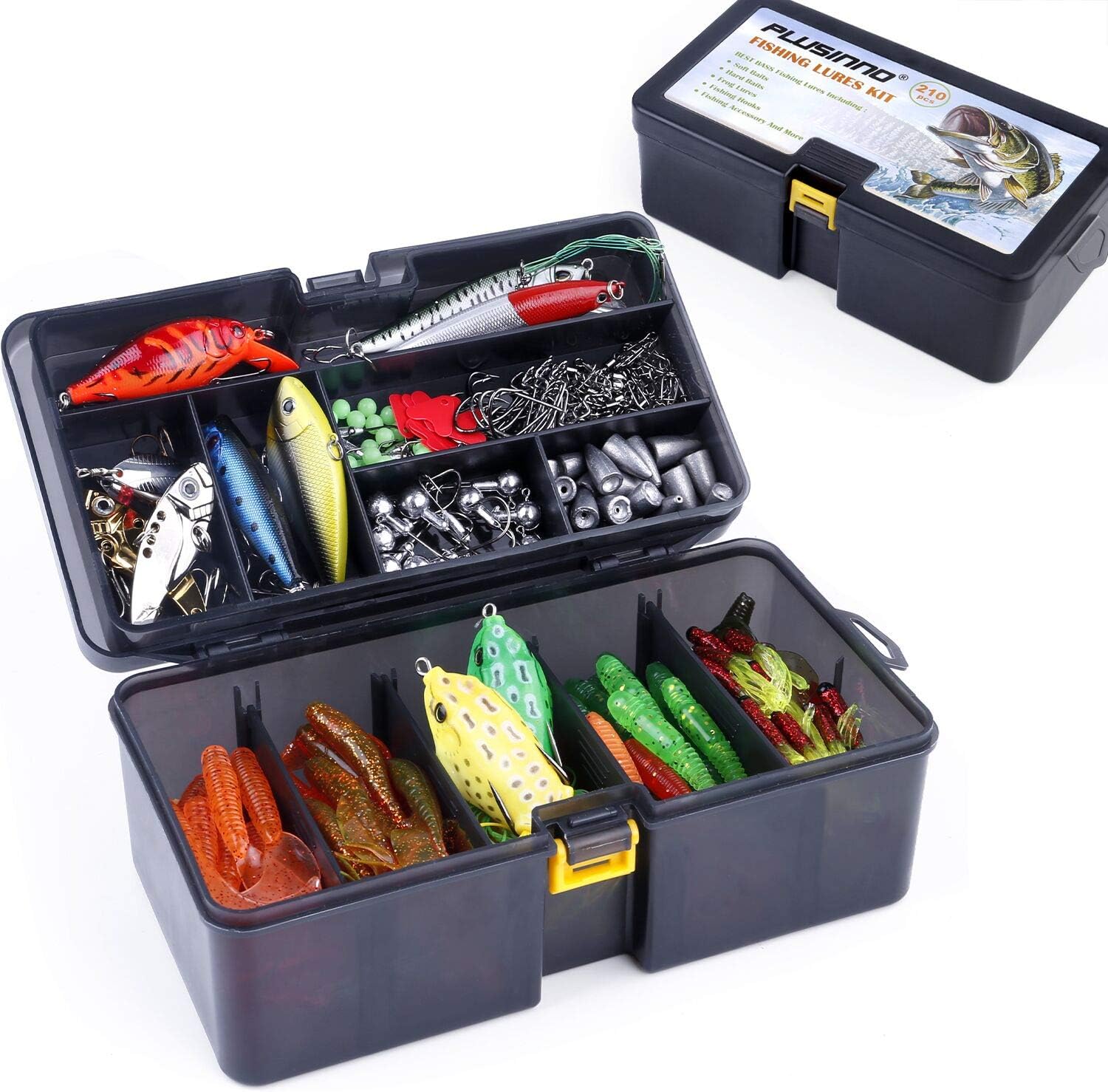 PLUSINNOFishing Lures Baits Tackle Including Crankbaits, Spinnerbaits, Plastic Worms, Jigs, Topwater Lures, Tackle Box and More Fishing Gear Lures Kit Set, 210Pcs Fishing Lure Tackle
