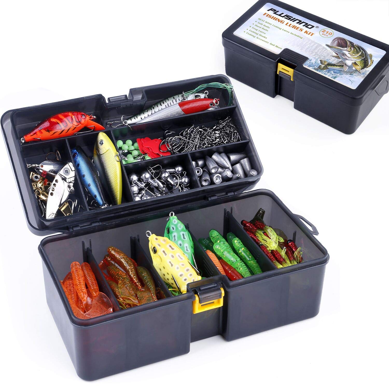 PLUSINNOFishing Lures Baits Tackle Including Crankbaits, Spinnerbaits, Plastic Worms, Jigs, Topwater Lures, Tackle Box and More Fishing Gear Lures Kit Set, 210Pcs Fishing Lure Tackle