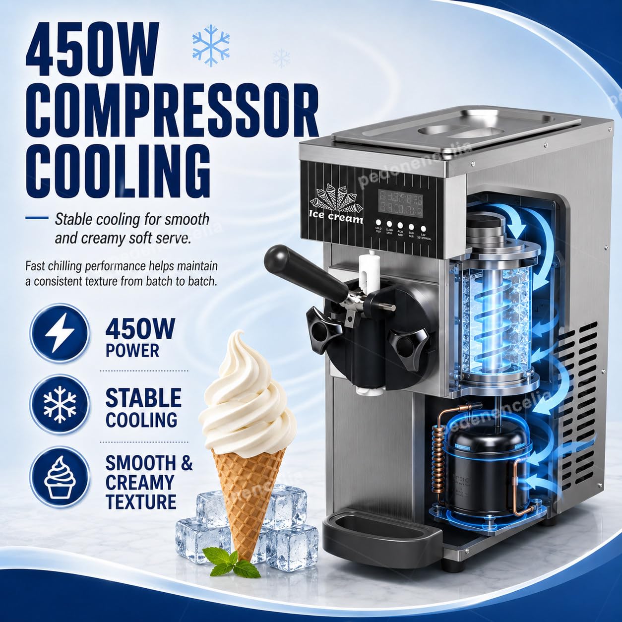 Maszyna do lodów Soft Serve, 450 W pojedynczy ekspres do smaku z pojemnikiem 2,5 l, pierwsza partia 10-13 min, sterowanie LCD, automatyczne czyszczenie, idealna na imprezy domowe