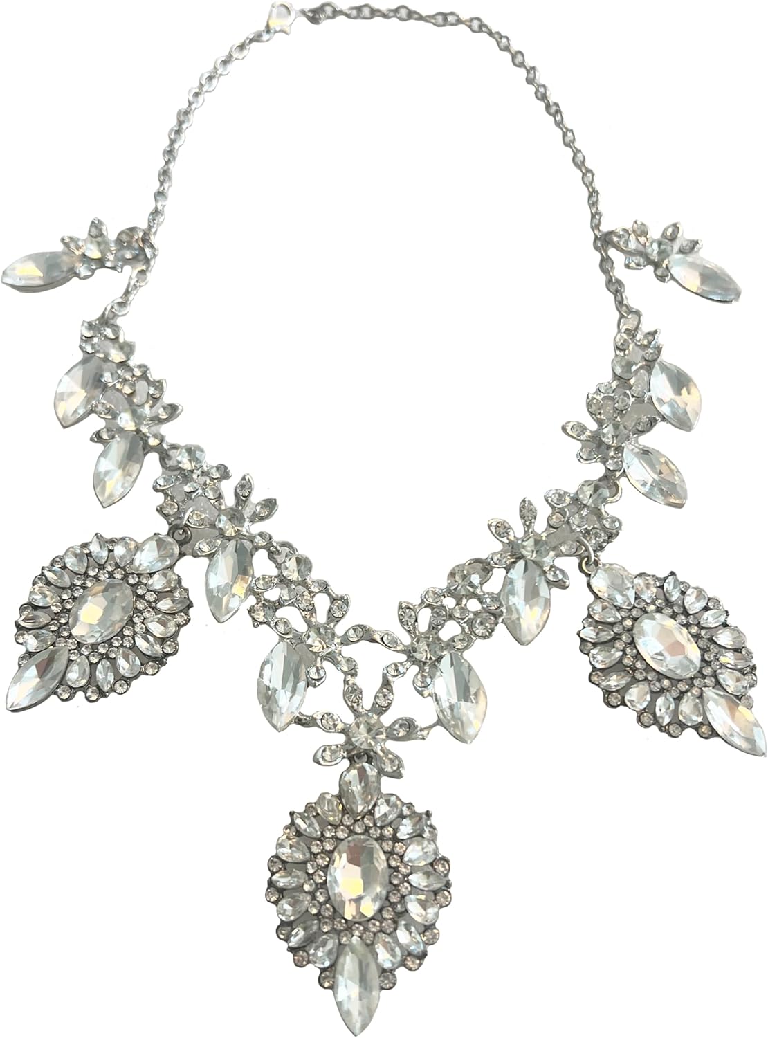 Secret for Longevity Silver Tone Vintage Deco Retro Gatsby Antique Style Clear Rhinestone Wedding Bridal Prom Chunky Statement Necklace