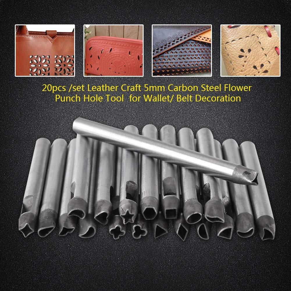 20PCS Leather Hole Punch Set 5mm Carbon Steel Floral Punching Tool for DIY Craft Wallet Belt Bag Decoration Handmade Stamping Accessories