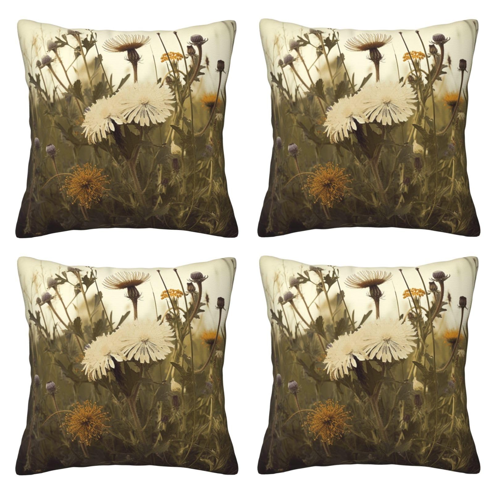 Wild Flowers Throw Pillow Cases 4 Pack Square Pillowcases Super Soft Pillow Protectors With Zipper for Couch Livingroom Sofa Bed Office Car,45x45 CM